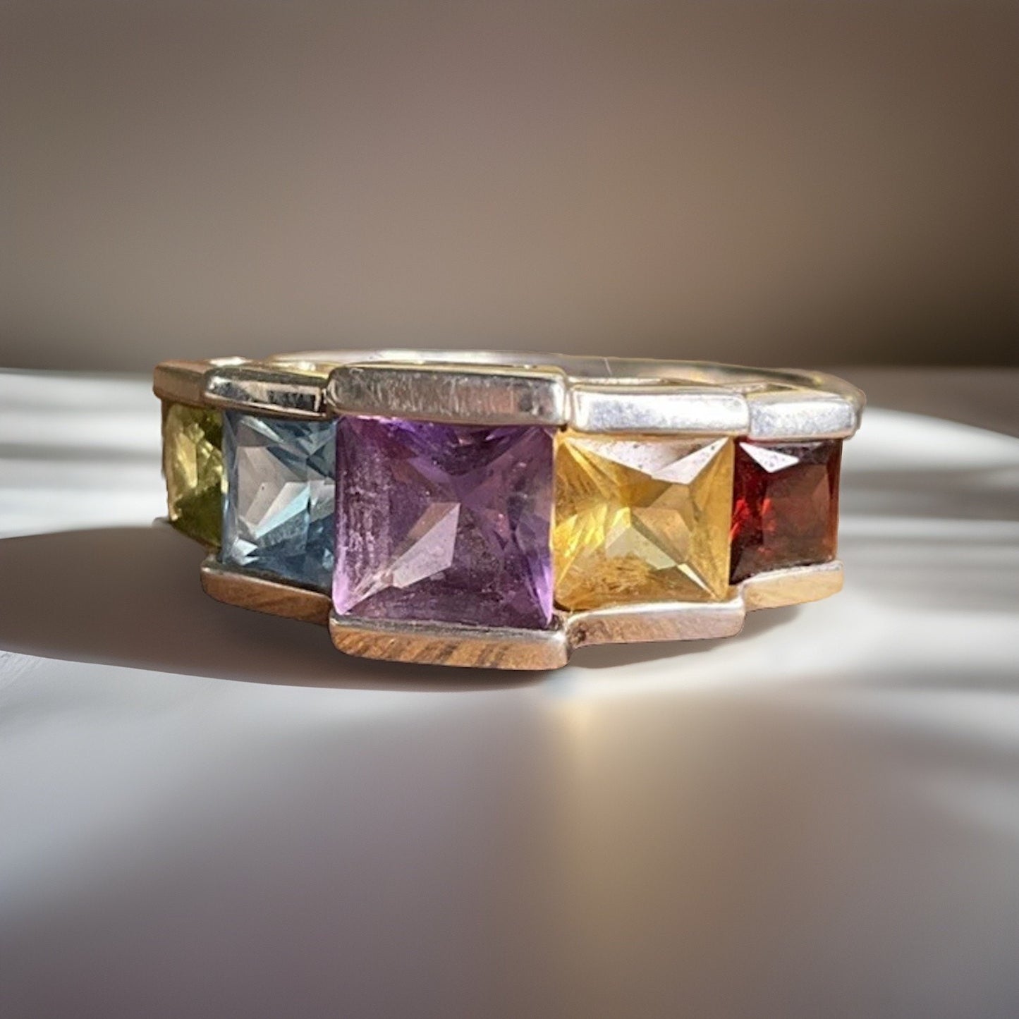 Vintage Sterling Silver Multi Gemstone Ring Rainbow Band Gemstones Ring Sz 7.5