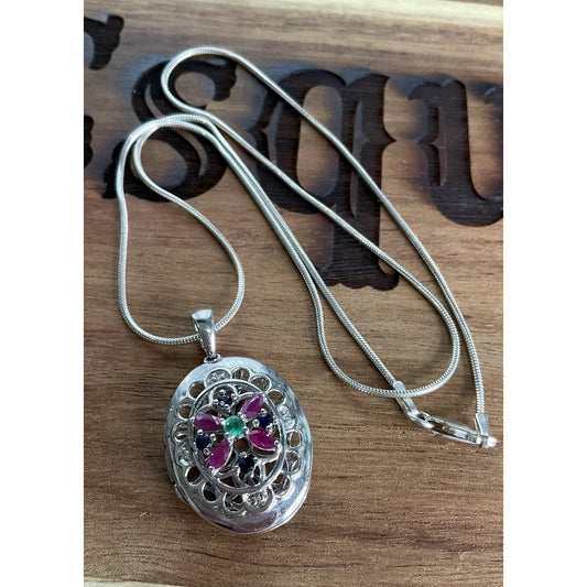 Vintage Sterling Silver Locket Necklace 925 Italy GRP Multi Stone