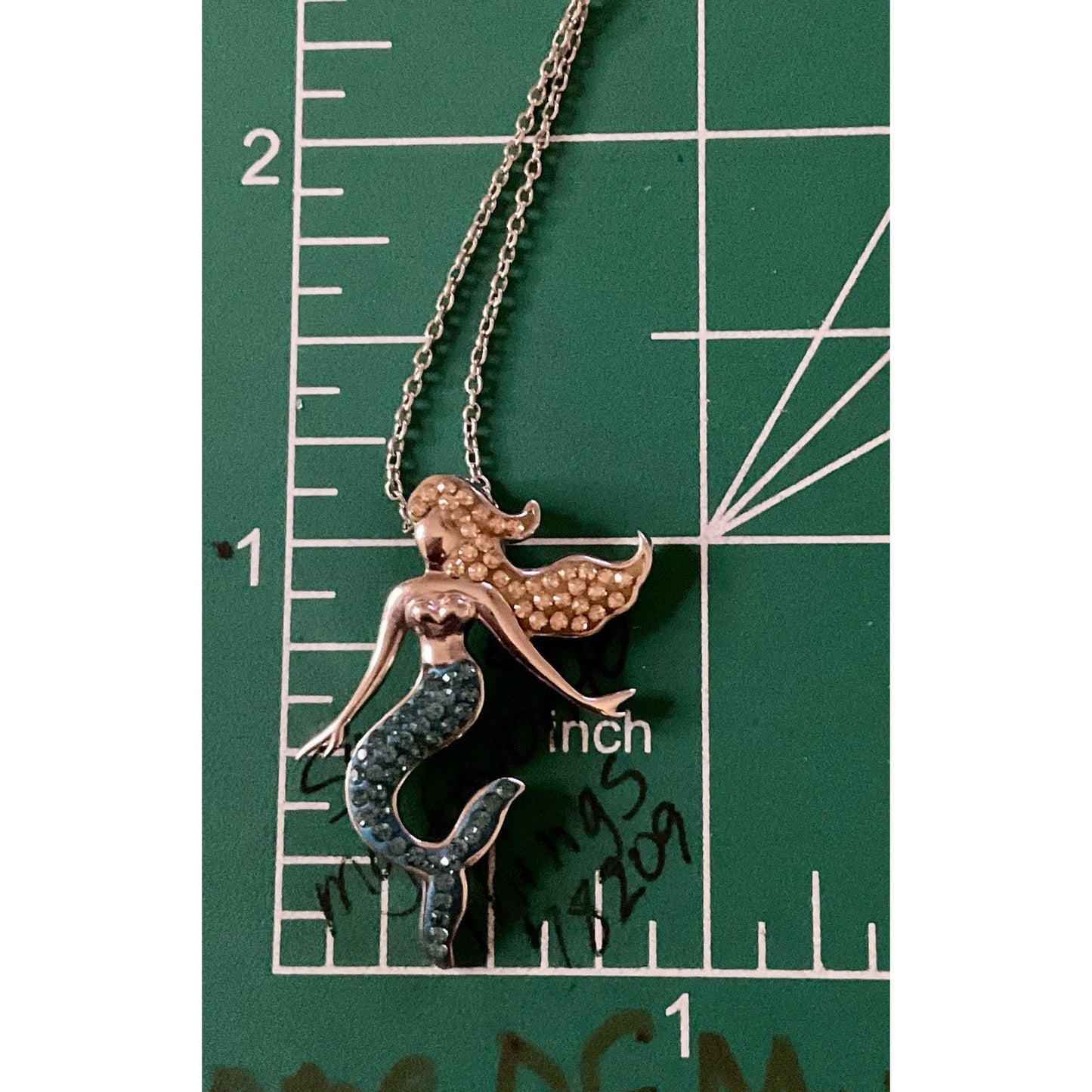 Sterling Silver Mermaid Pendant Blue & Gold Crystal Tail With 21” Necklace 925