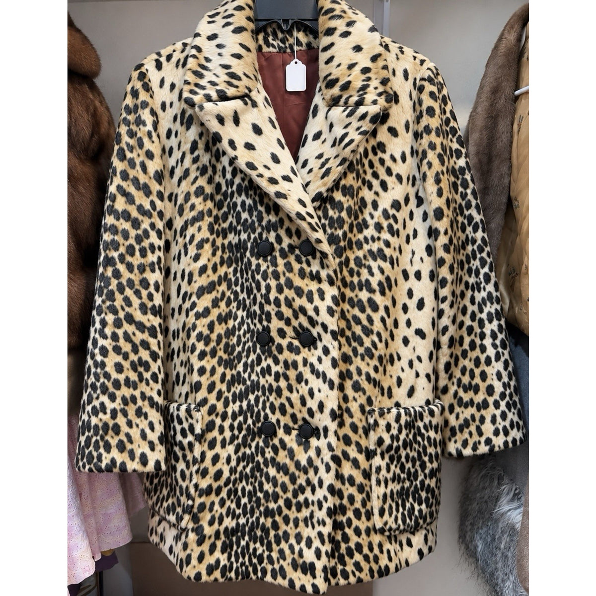 Luxury Pile Faux Fur Leopard Cheetah Print Coat Women’s XS Double Breasted