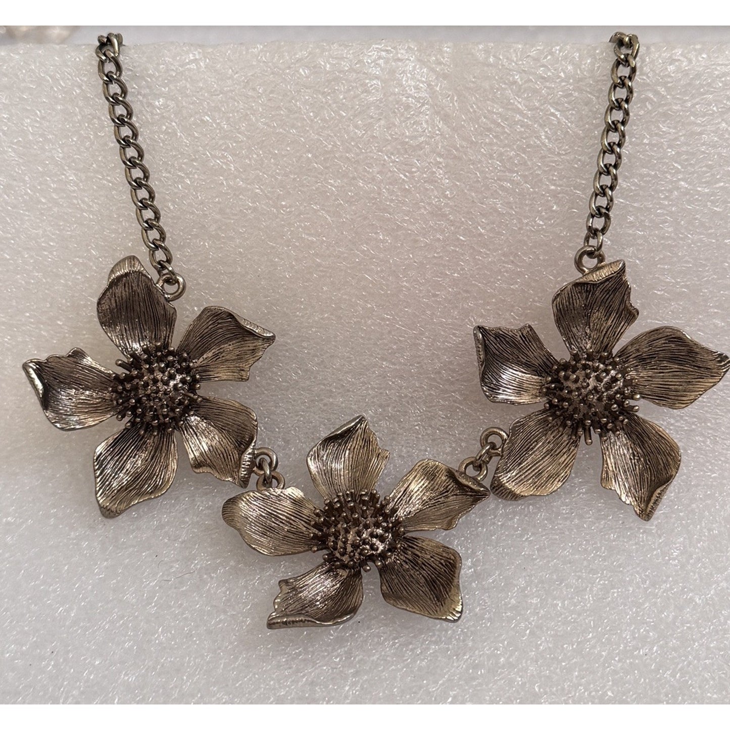 Silver Tone Triple Dogwood Flower Linked Statement Necklace 16-19”