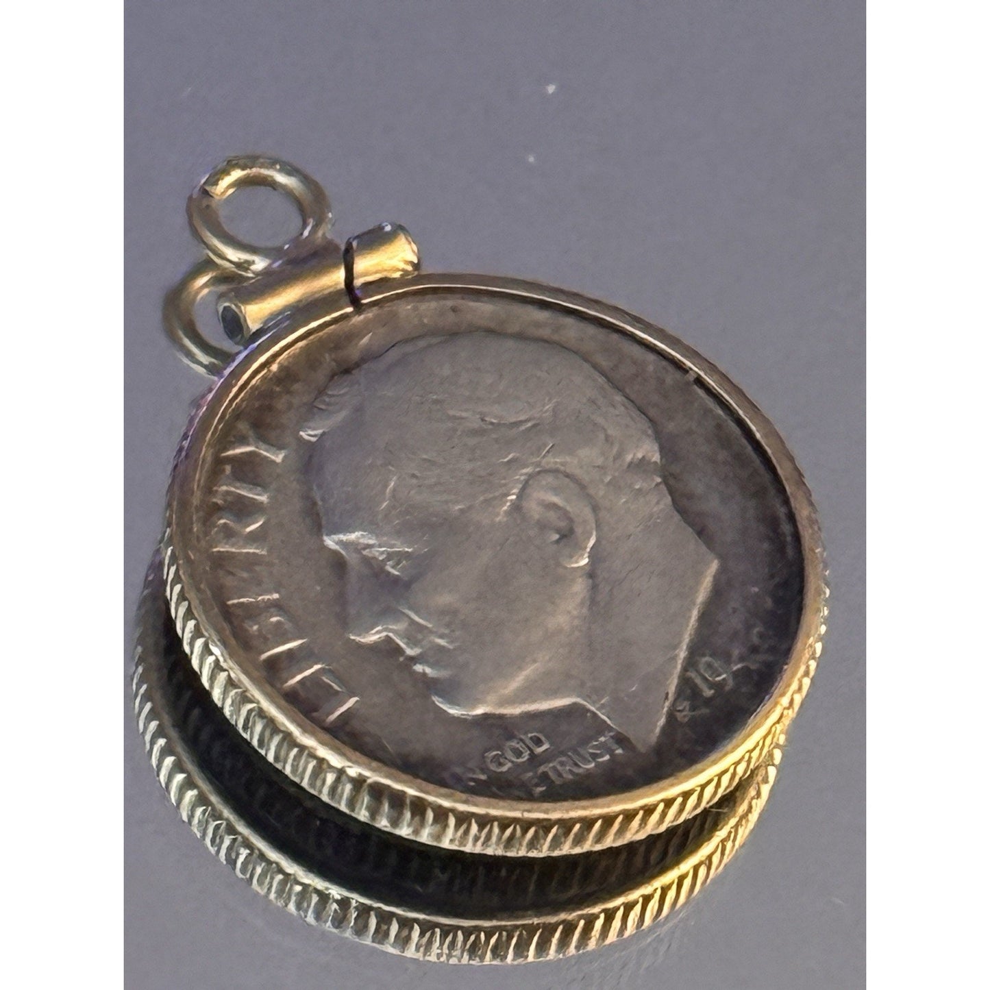 Vintage 1949 Roosevelt Dime 90% Silver Pendant Charm In 10K Gold WPC Bezel