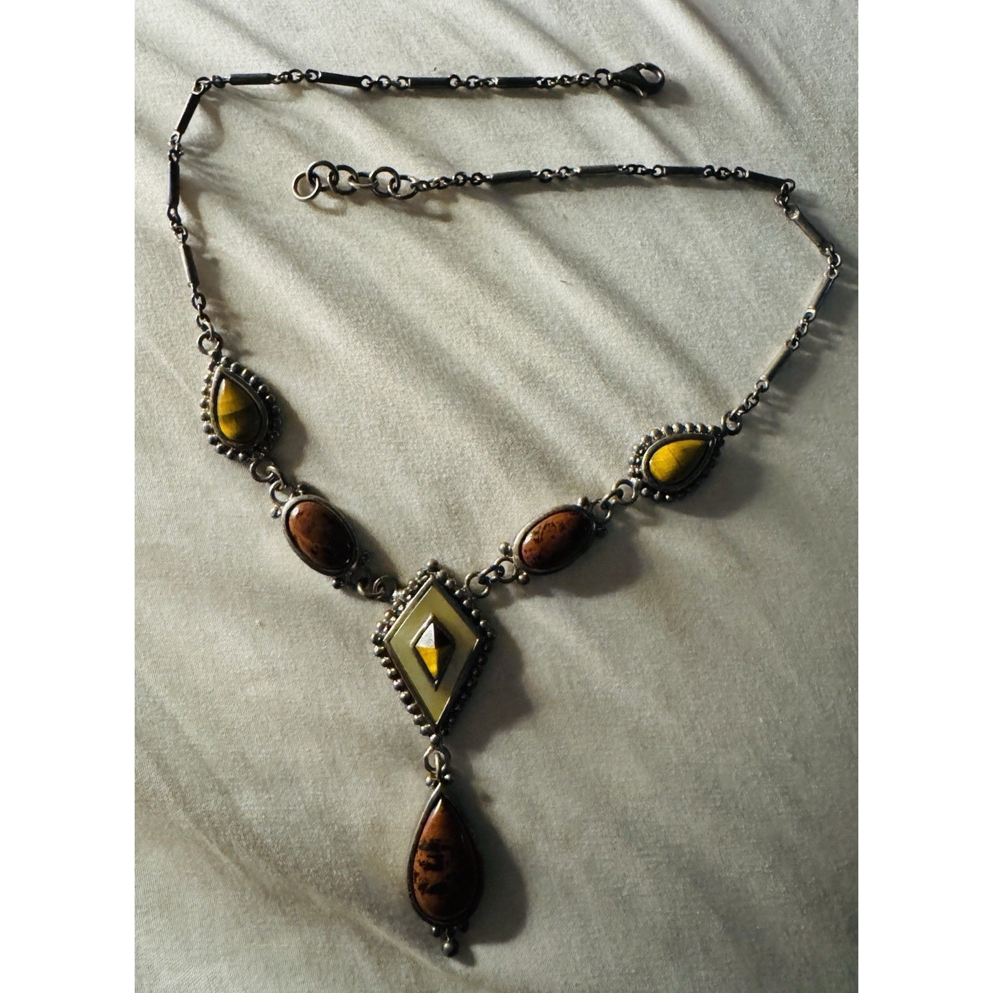 Vintage Whitney Kelly Necklace Sterling 925 Tigers Eye Jasper MOP Beaded Y Drop