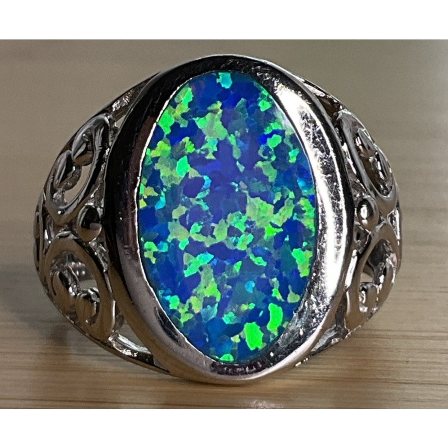 Vintage Sterling Silver Blue Green Oval Opal Filigree Ring Size 9