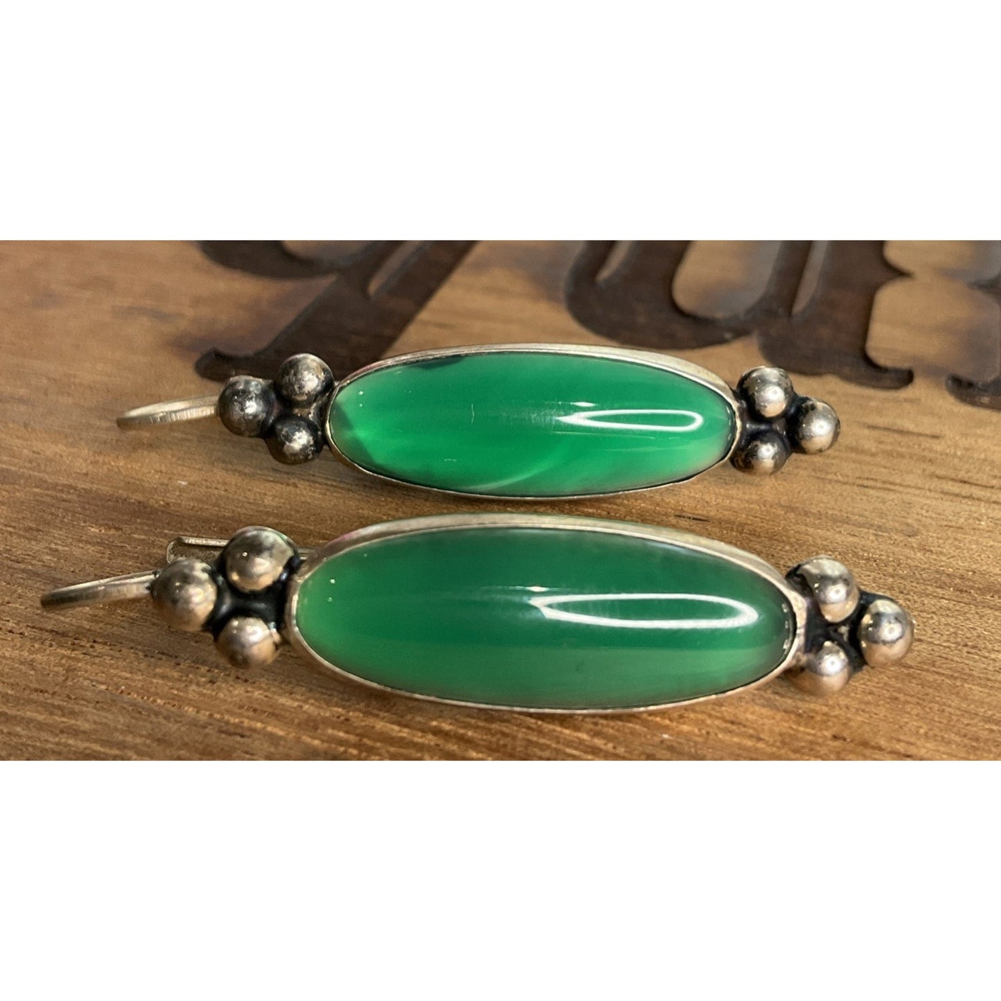 Vintage Sterling Silver Green Stone Bar Dangle 925 Earrings Boho Southwestern