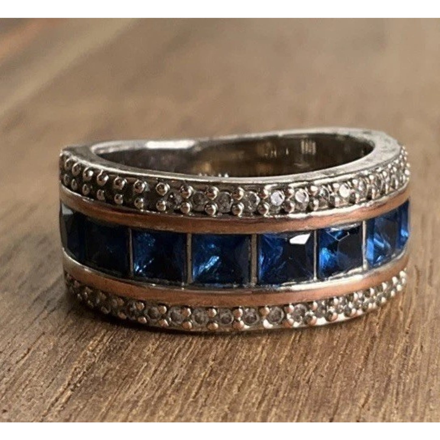 Sterling Silver Blue Stone Ring 925 Two Tone Band Size 6