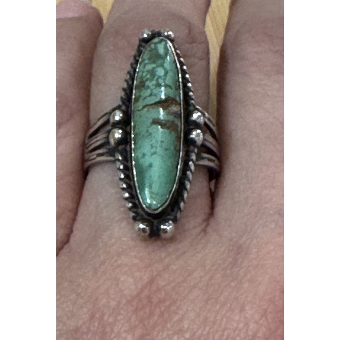 Vintage Navajo Turquoise Sterling Silver Green Turquoise Ring Old Pawn Size 6.5