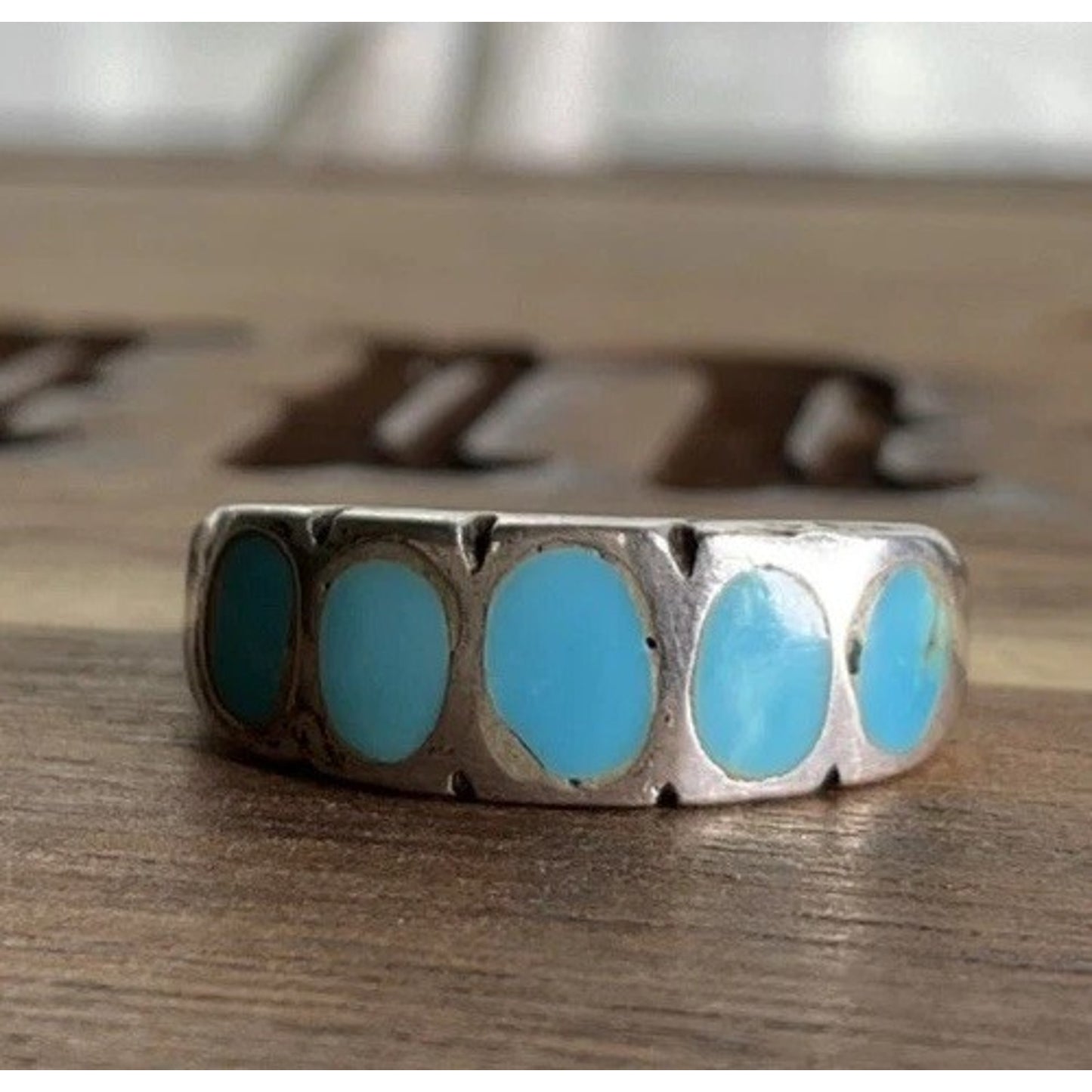 Vintage Sterling Silver Turquoise Inlay Band Ring Size 5 925 Southwestern