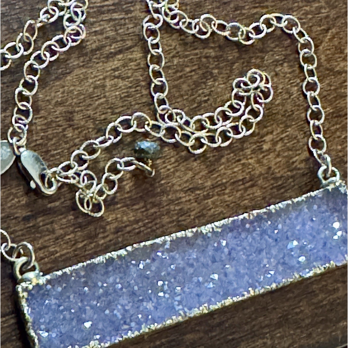 Y2K Kelly Cimber Natural Druzy Lavender Purple Bar Gold Plated Necklace 16-18”