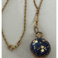 Vintage Bucherer Swiss Pendant Watch Gold Tone Necklace Blue Enamel Floral 28”