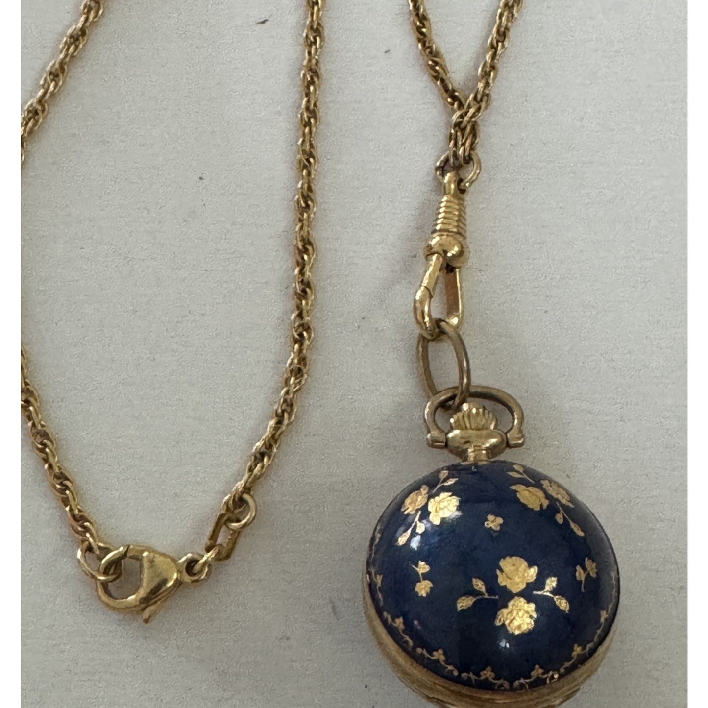 Vintage Bucherer Swiss Pendant Watch Gold Tone Necklace Blue Enamel Floral 28”