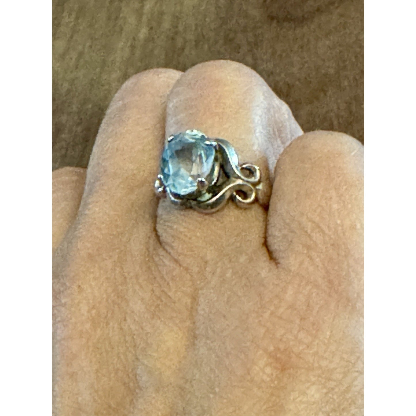 Vintage Kabana Sterling Silver Blue Topaz Scroll Ring Size 7.5 Signed KBN STER