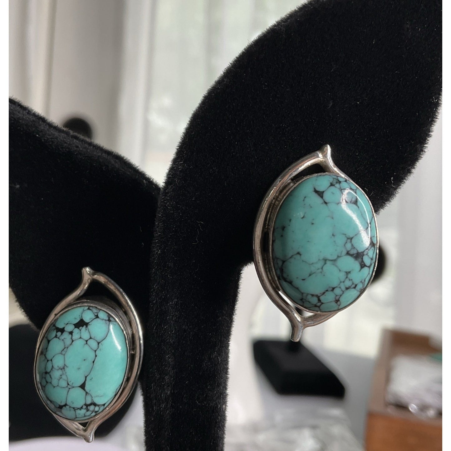 Vintage Sterling Silver Taxco Turquoise Post Earrings Signed 925 17g