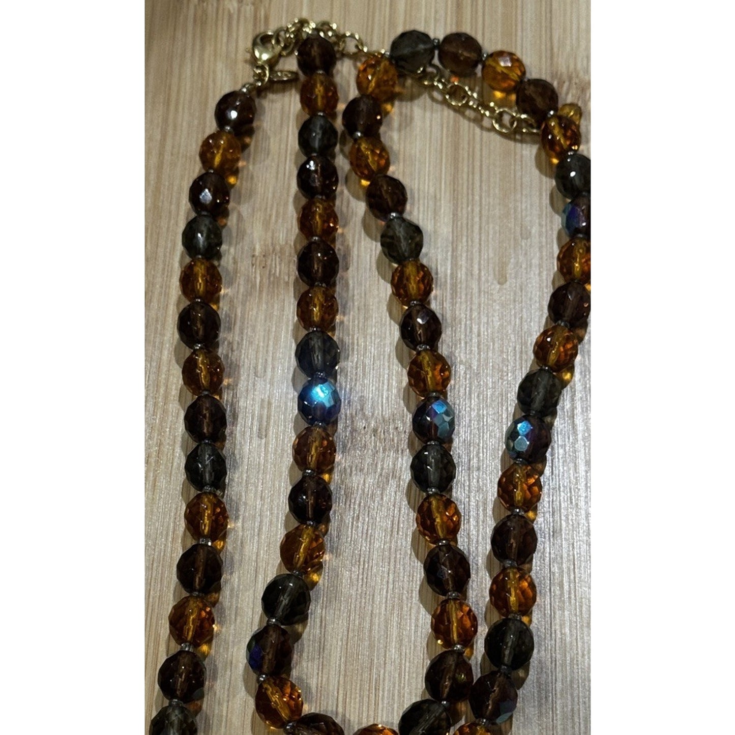 Vintage Signed Joan Rivers Amber Gray Smoky Glass & AB Crystal Bead 32” Necklace