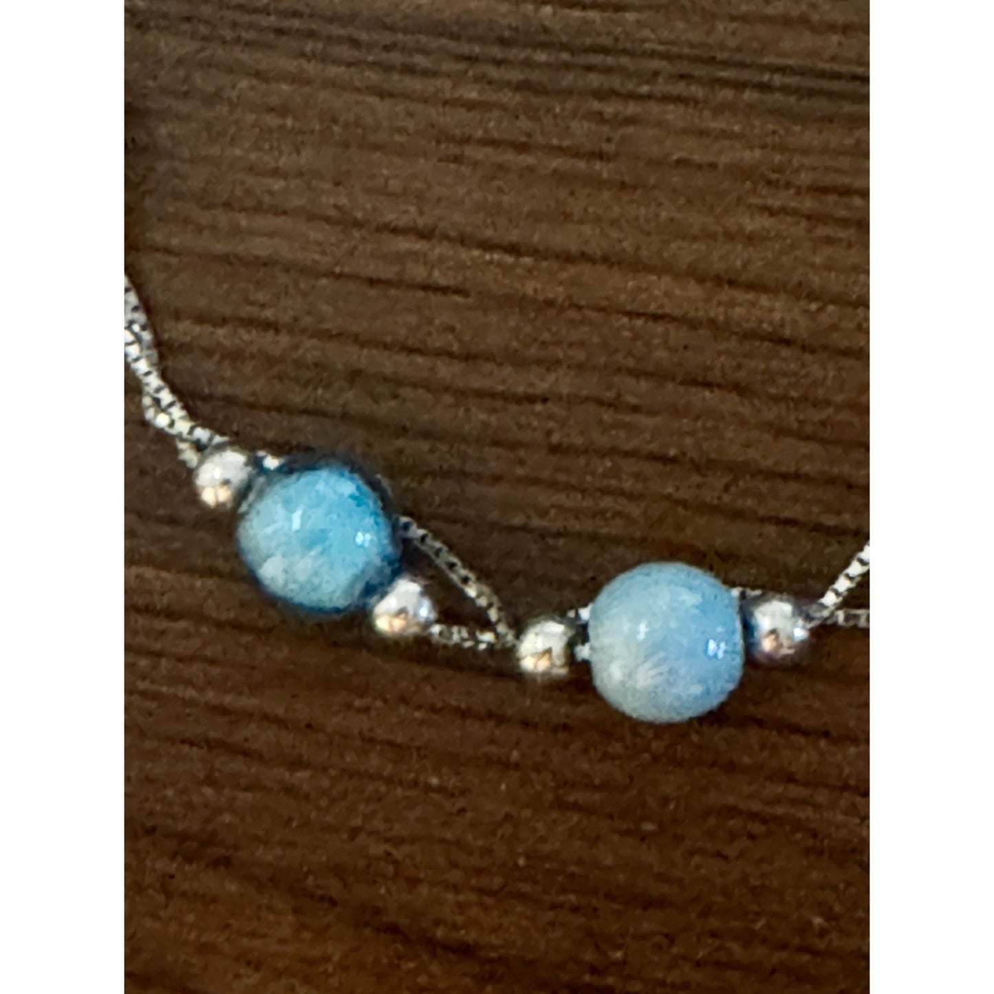 925 Sterling Silver Double Strand Bracelet Blue Glass & Crackle Glass Beads 7”