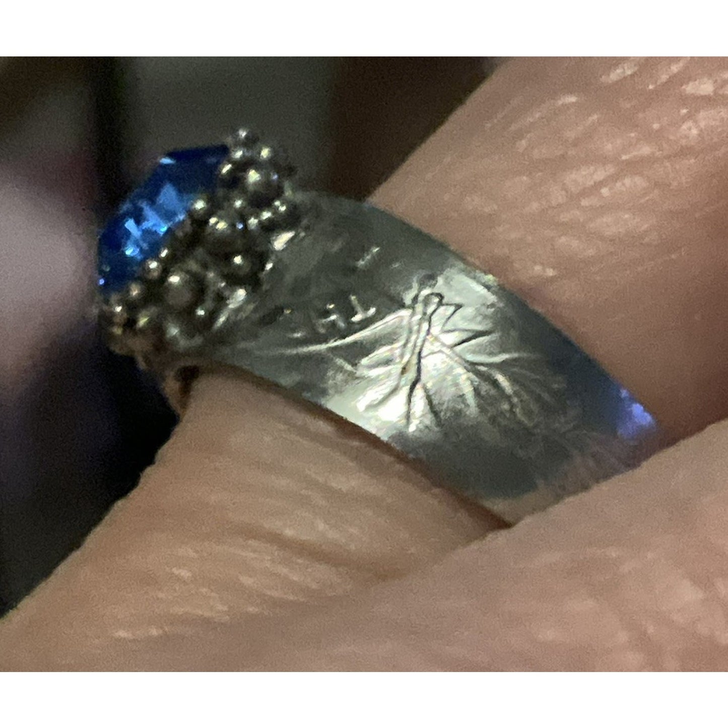 Vintage Thai Sterling Silver Blue Topaz Ring Wide Engraved Band