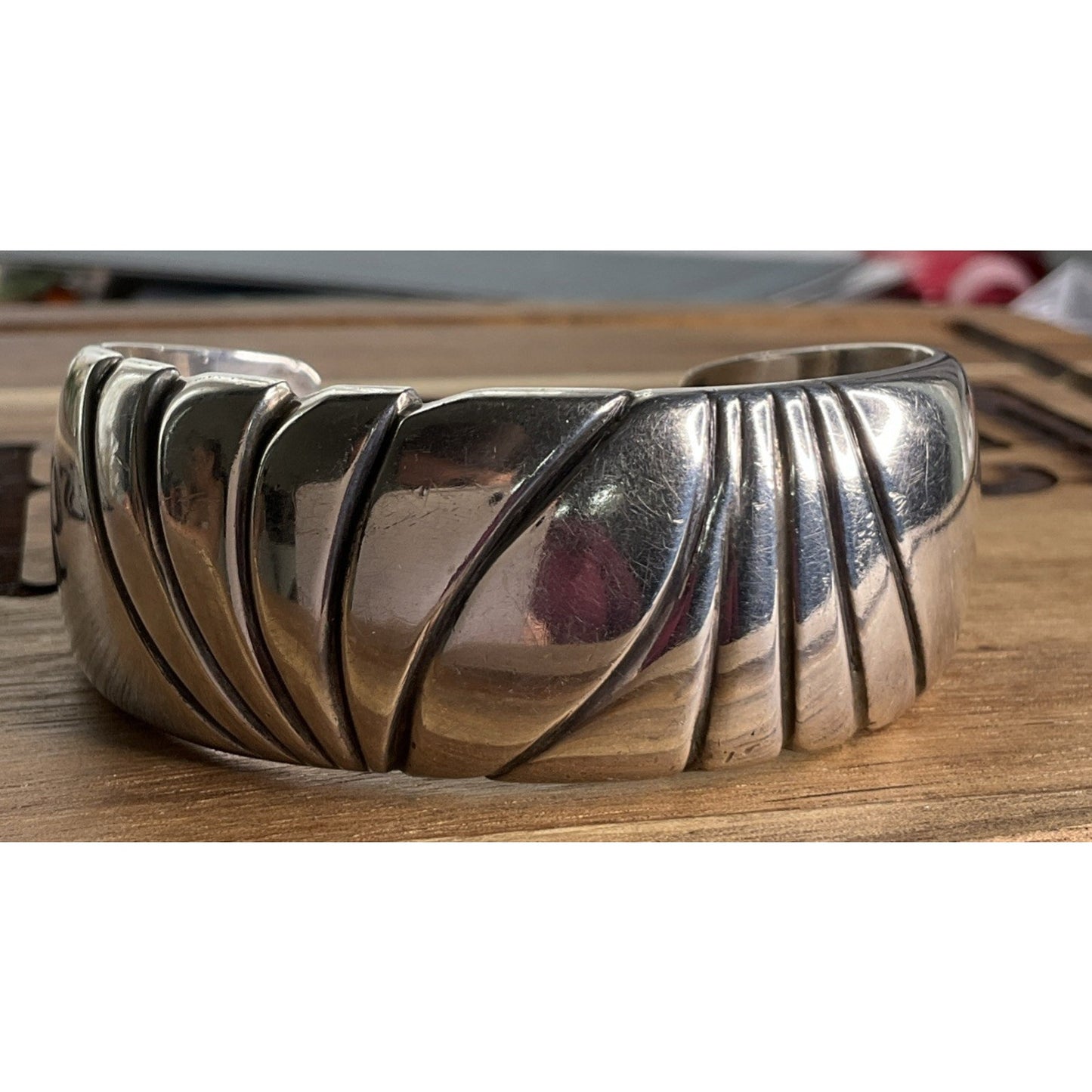 Vintage Sterling Silver Modernist Cuff Bracelet Heavy Ribbed Wide S-M 64 Grams!