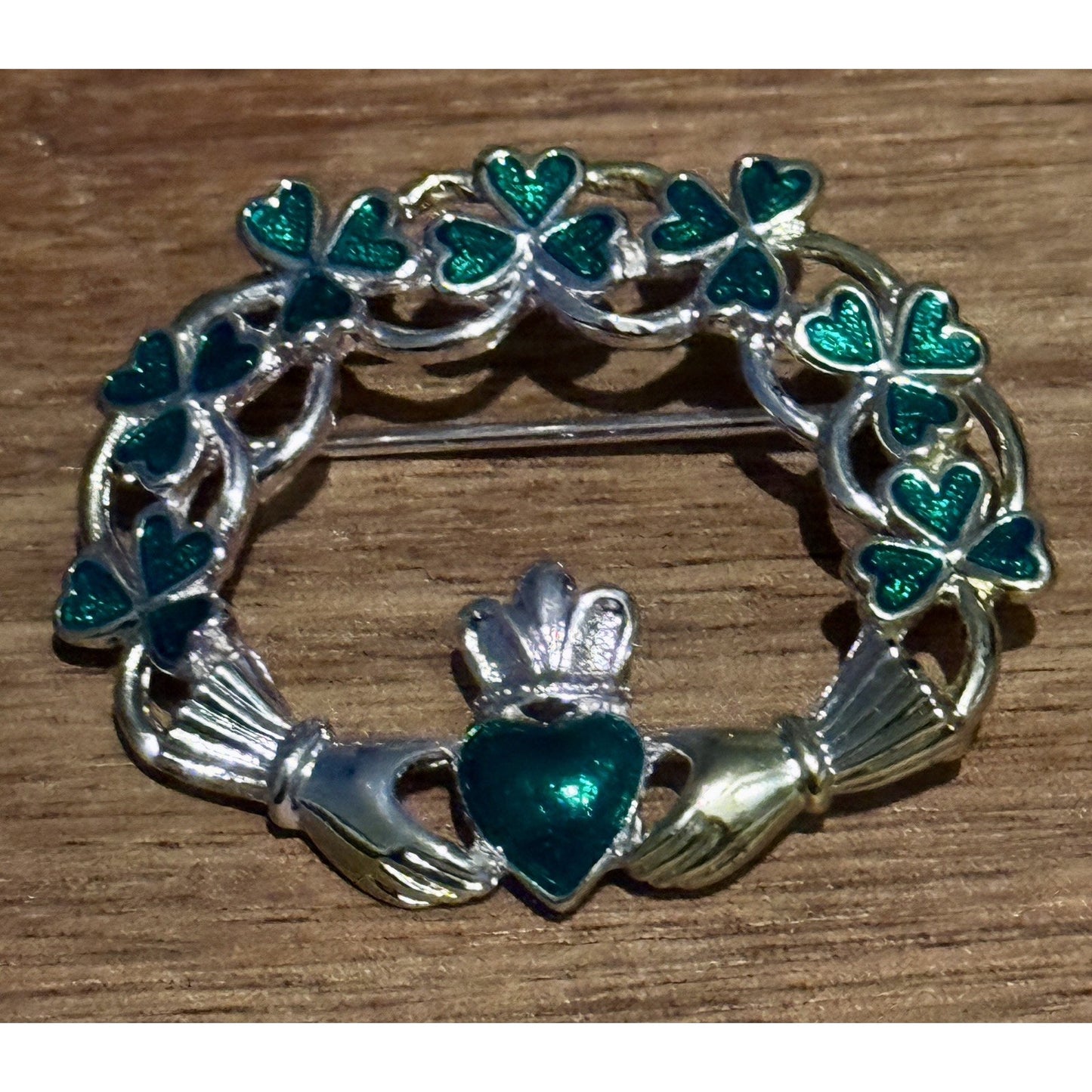 Vintage SOLVAR Irish Claddagh Shamrock Brooch Green Enamel Pin w Box Ireland