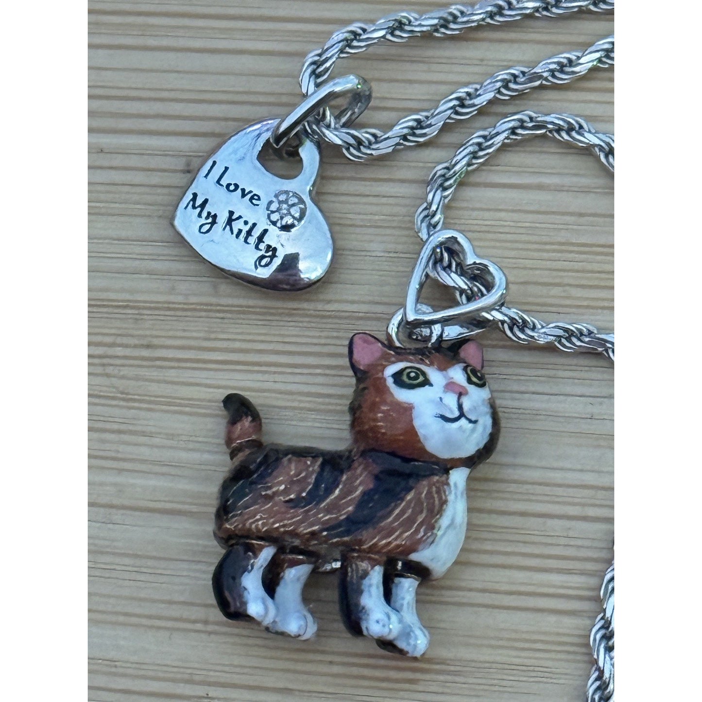 Vintage Calico Cat Enameled Moving Tail And Legs 925 Necklace 21”