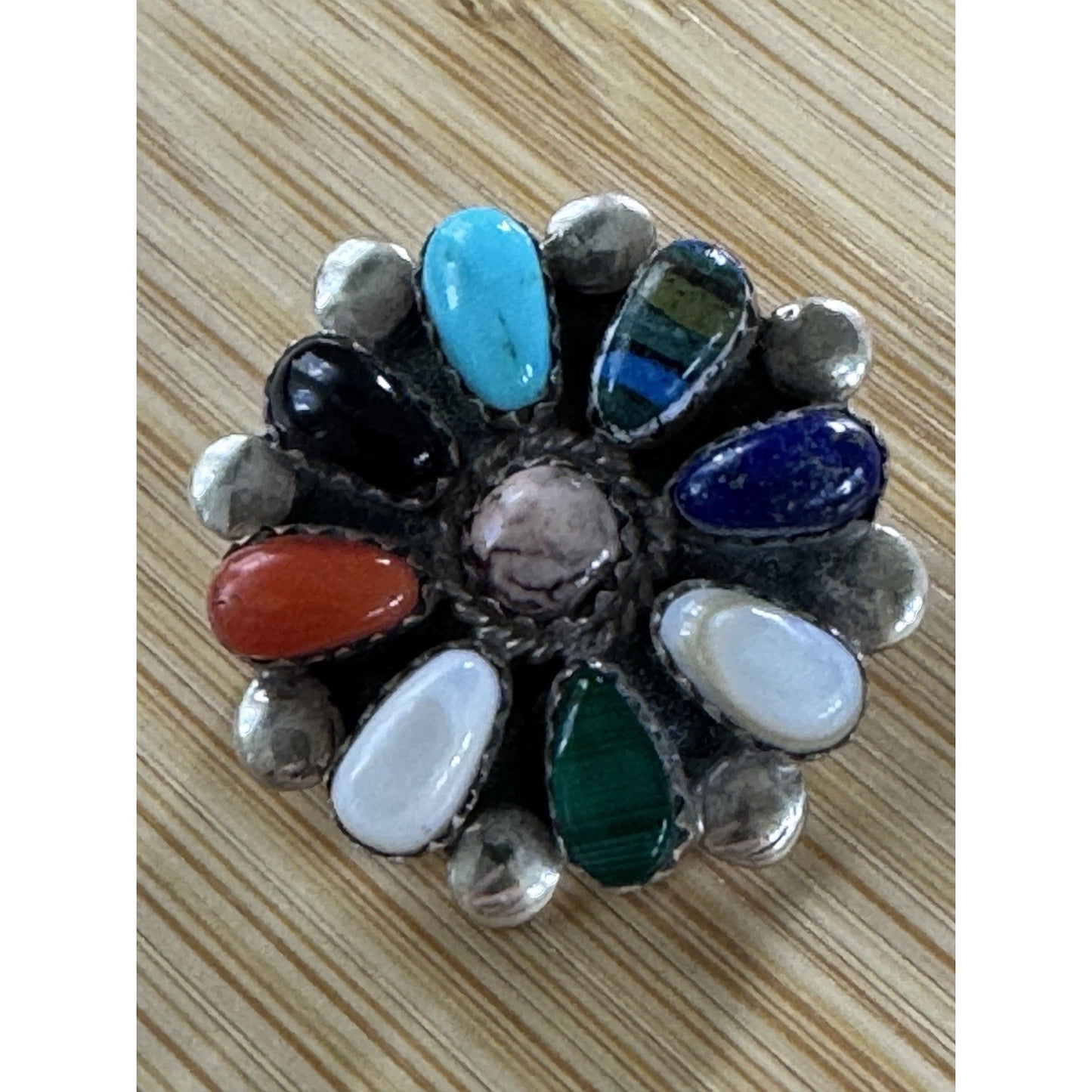 Thomas Allapowa Zuni Sterling Silver Colored Stones Flower Pin Pendant