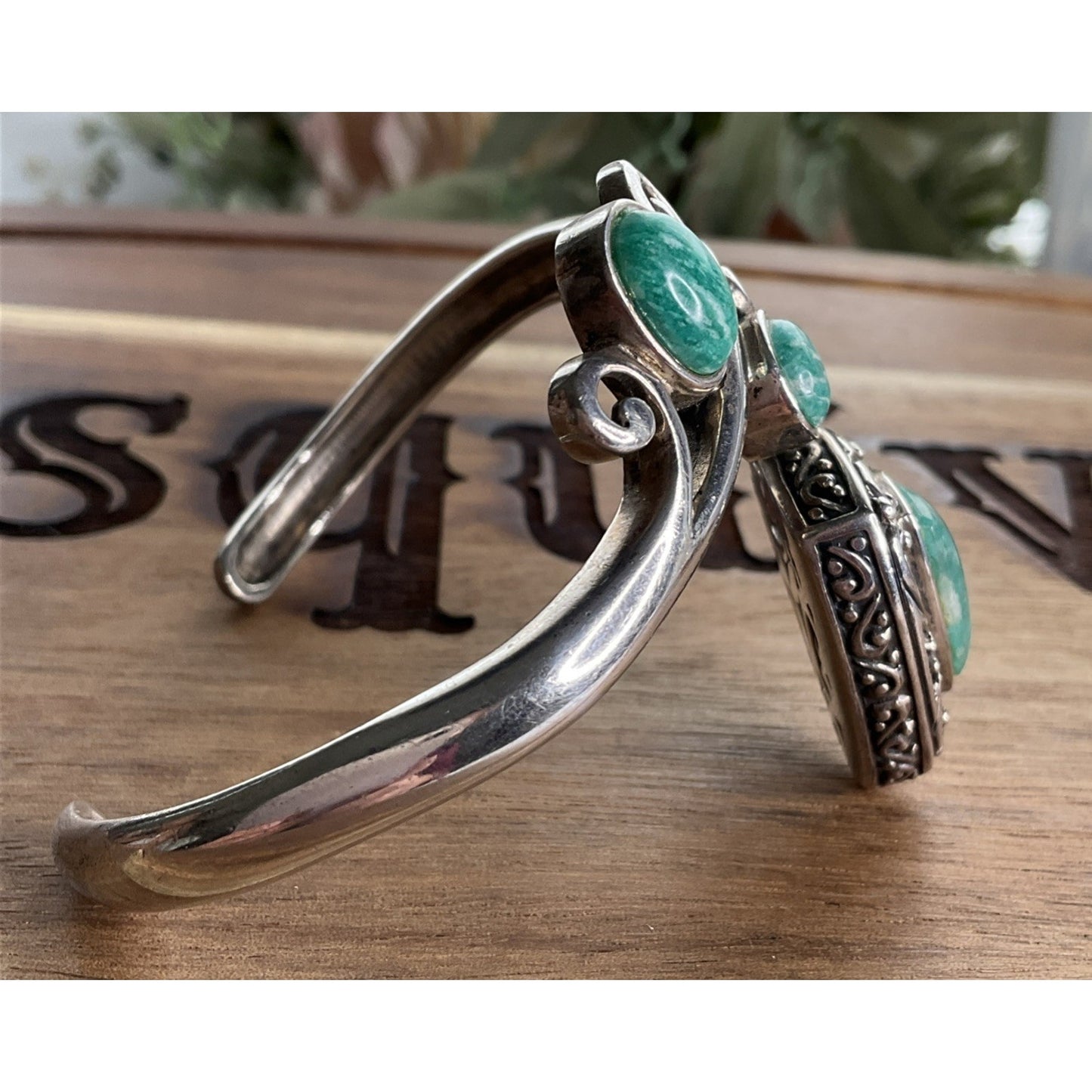 Vintage Sterling Southwestern Silver Signed NK Amazonite Cuff Bracelet 37 Grams!