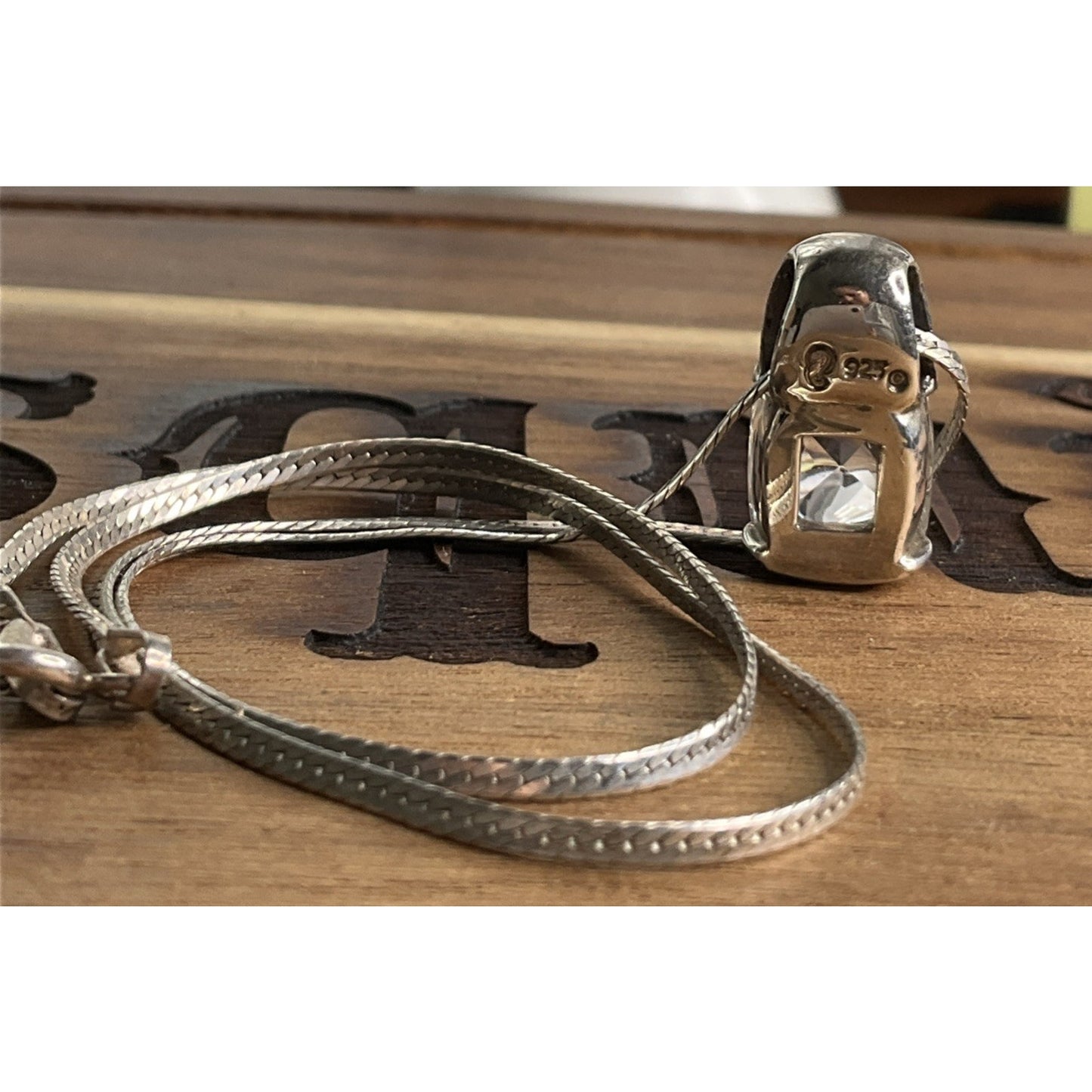 Sterling Silver Herringbone Necklace Clear Crystal Pendant 925