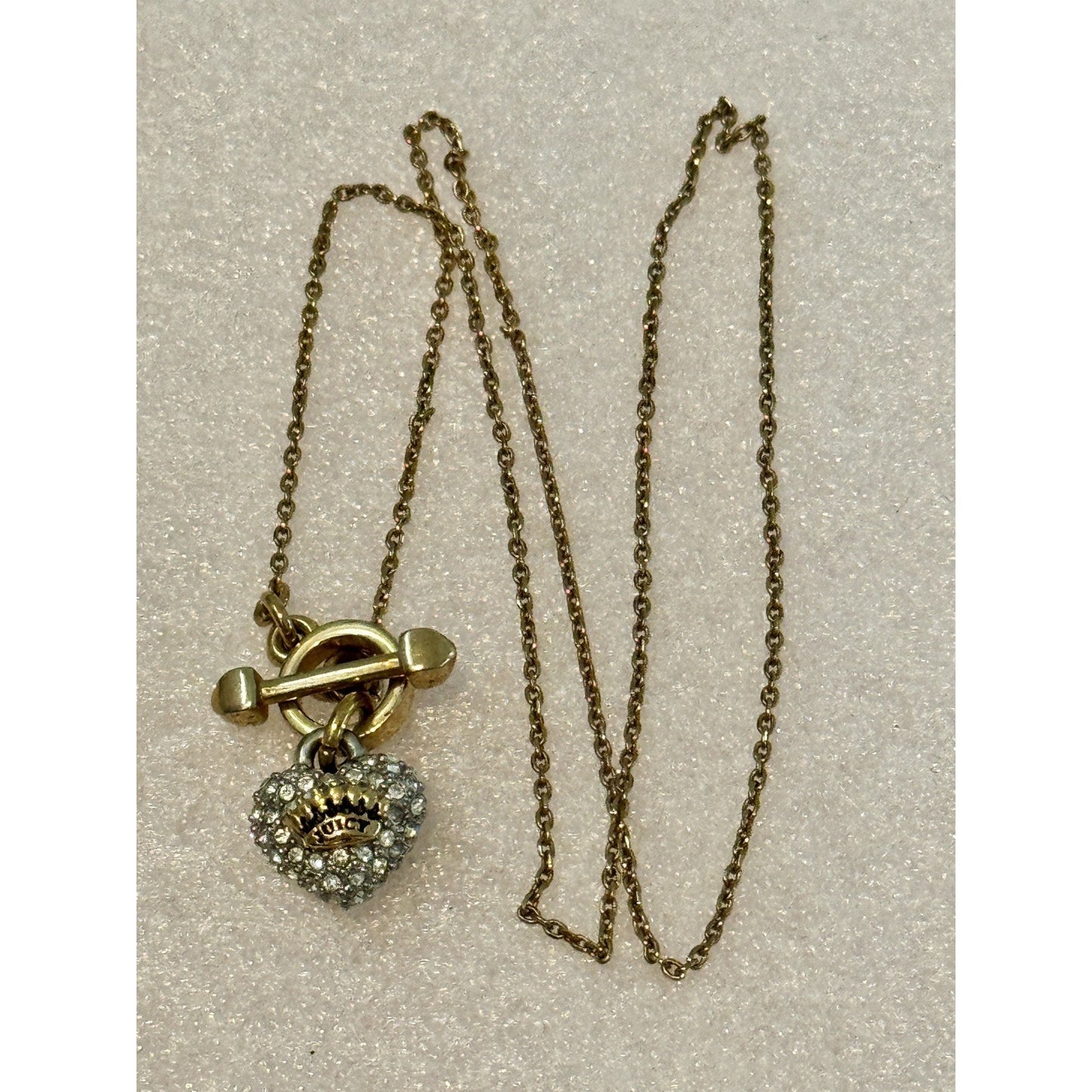 Vintage Juicy Couture Gold Tone Pavé Crystal Crown Heart Toggle 16” Necklace Y2K