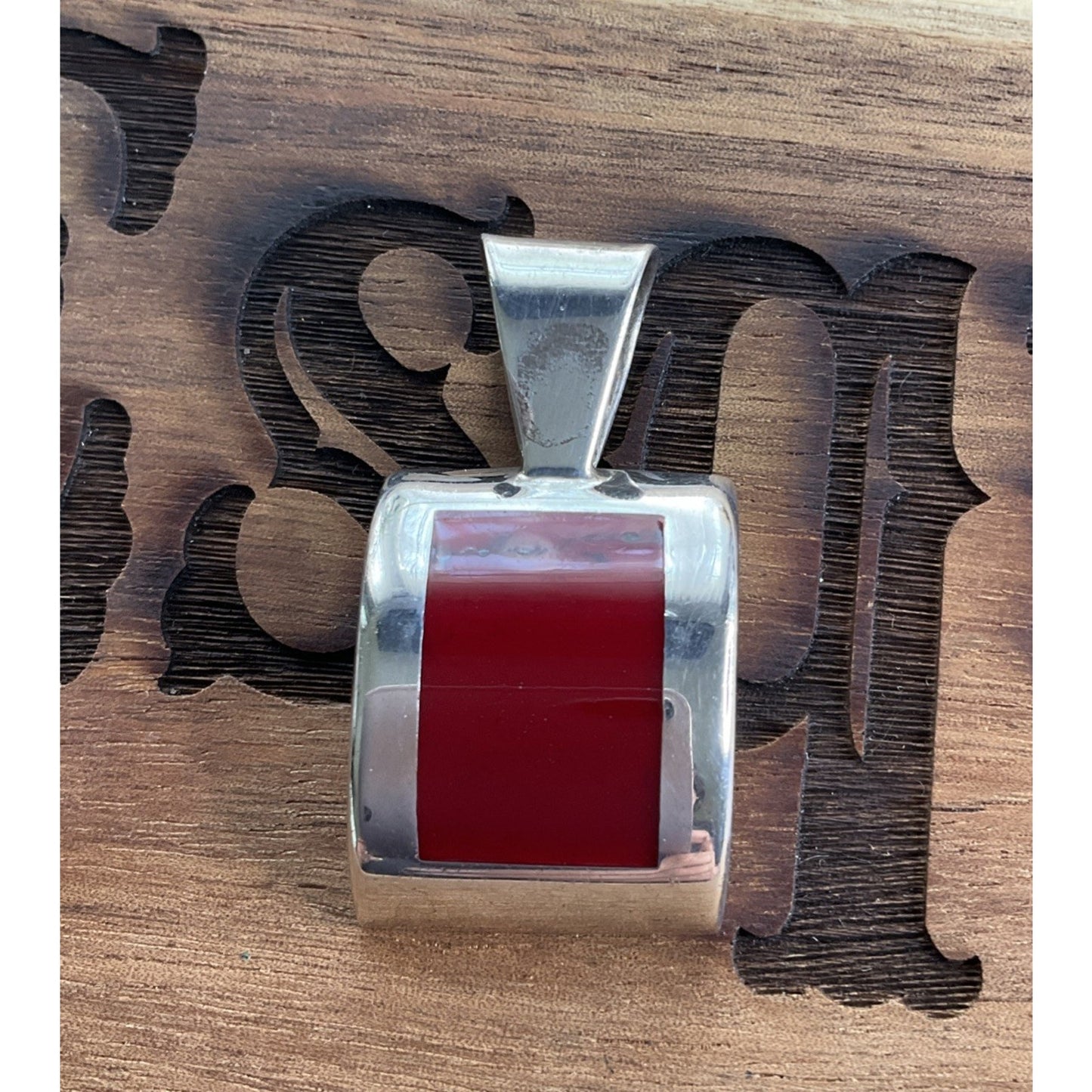 Heavy Sterling Silver Red Stone Pendant 925 Modern Rectangular Statement