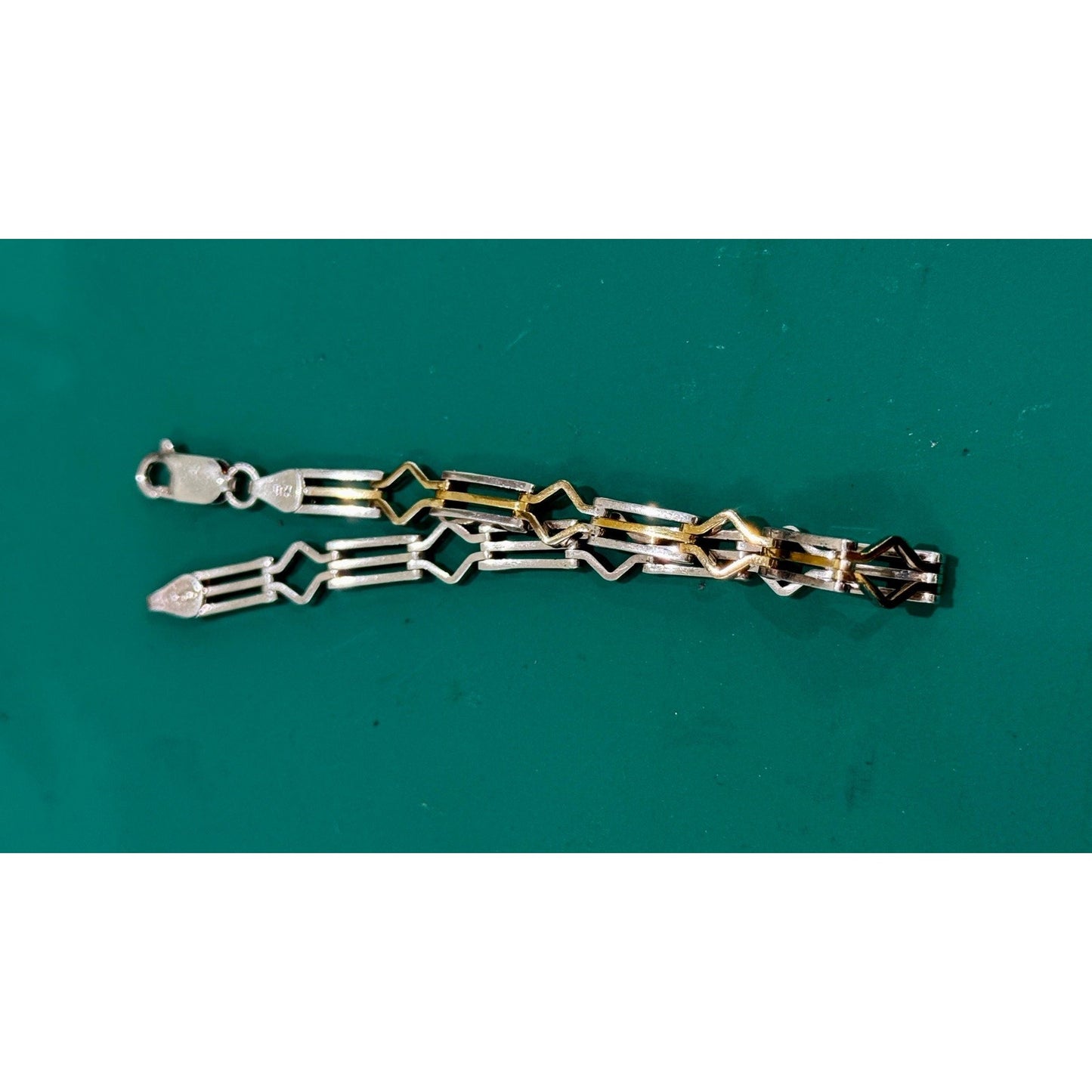 Vintage Italy 925 Sterling Silver And Gold Two Tone Geometric Link Bracelet 7.5”