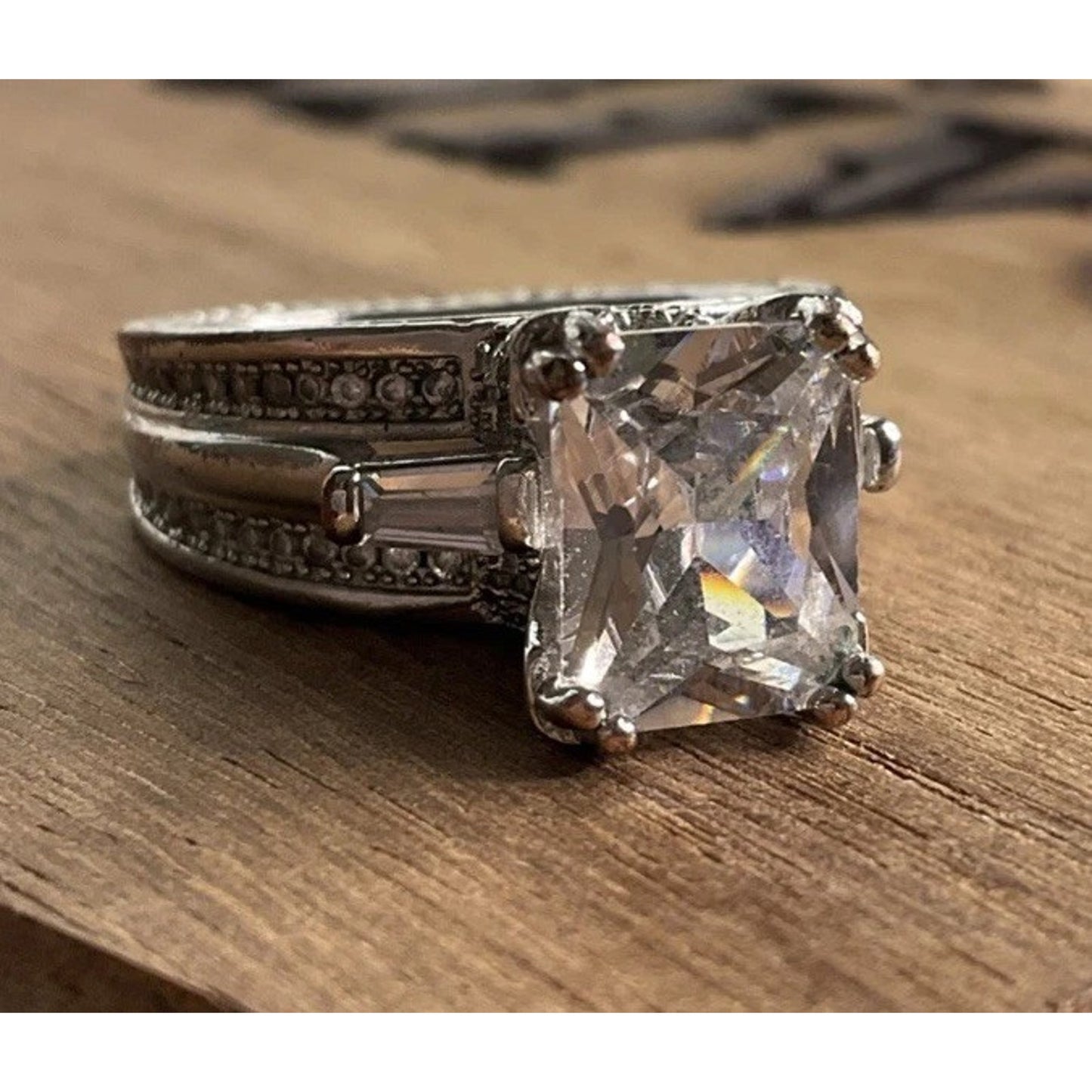 Large Square Cut CZ Ring Multi Band Sterling Silver Statement Ring 8.5