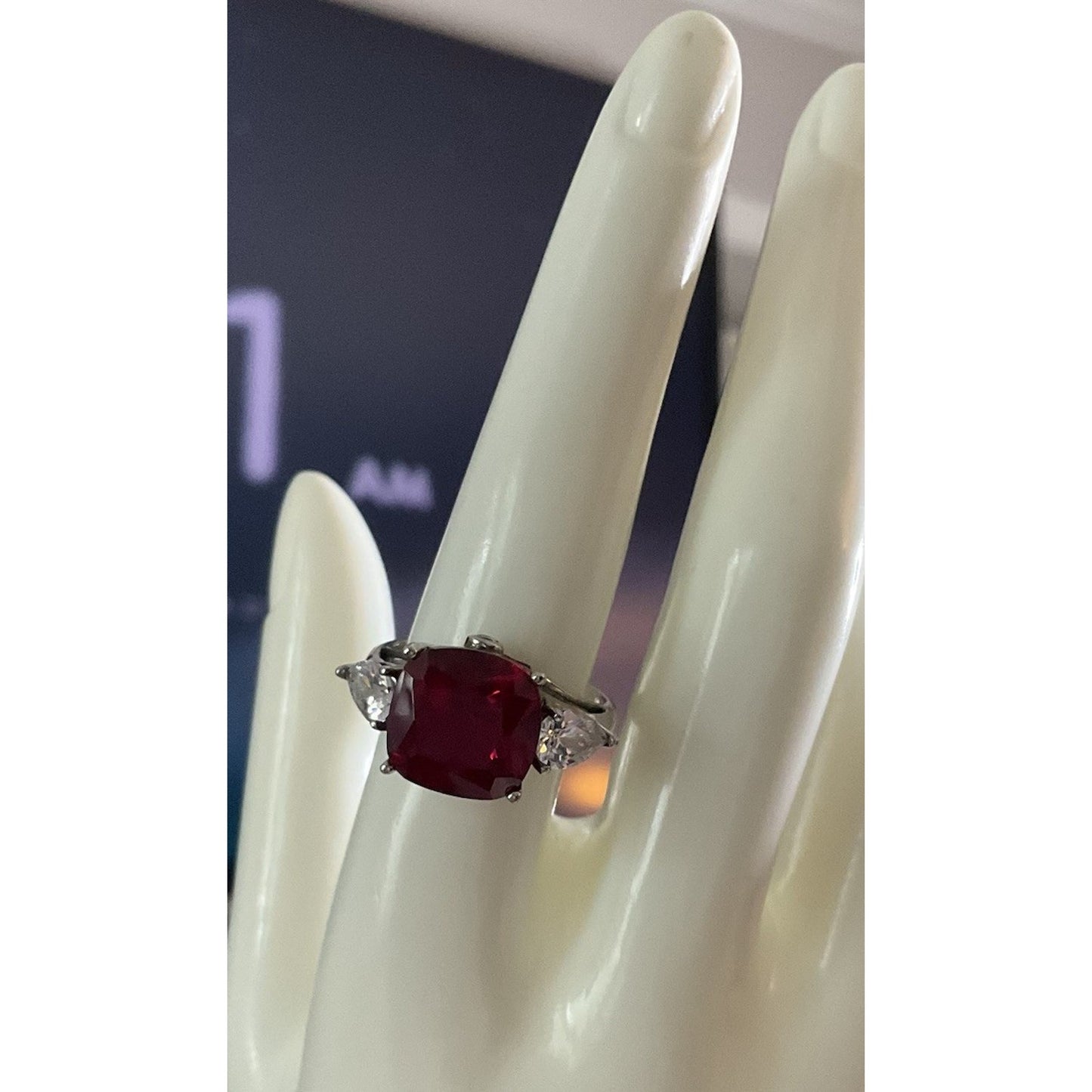 BGE 925 Sterling Silver Ruby Red Cushion Cut Style Ring Size 9