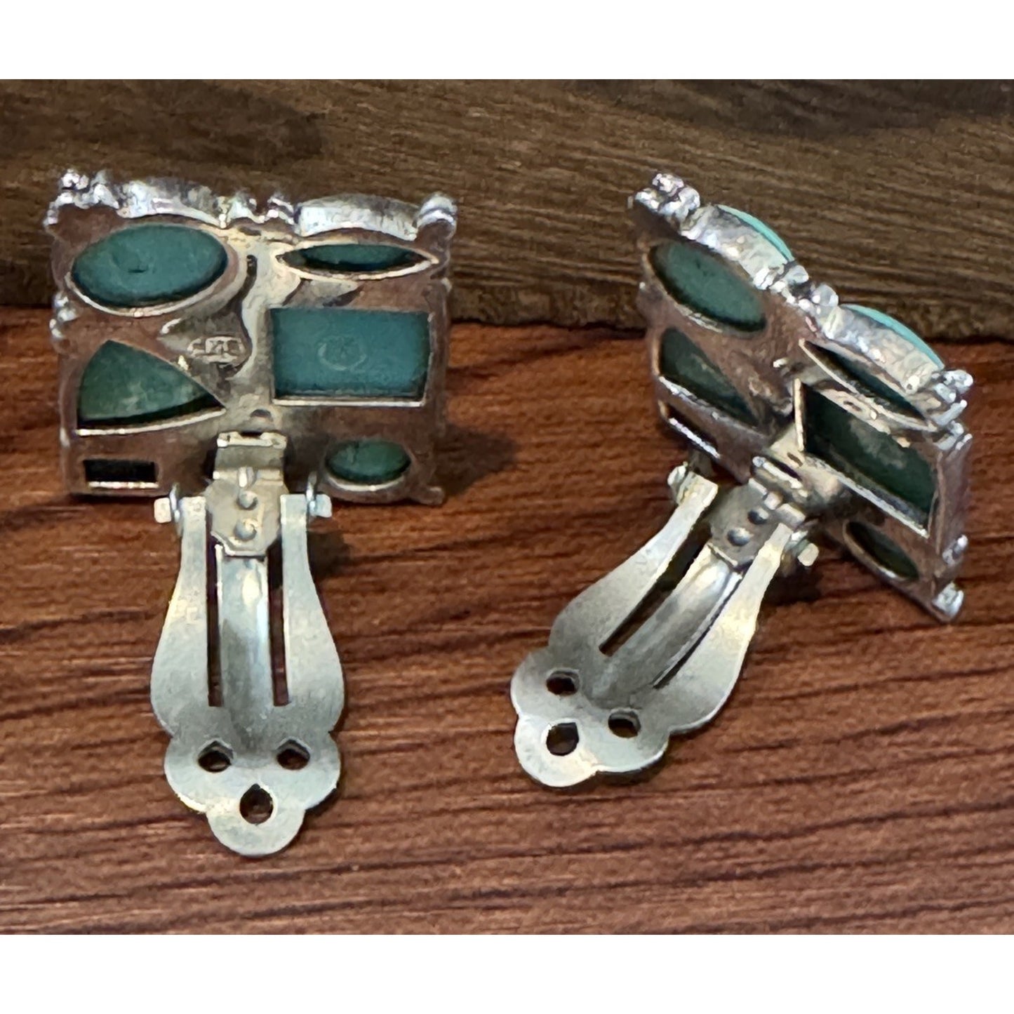 Vintage Sterling Silver Turquoise Clip On Earrings Mosaic Style Southwestern 13g
