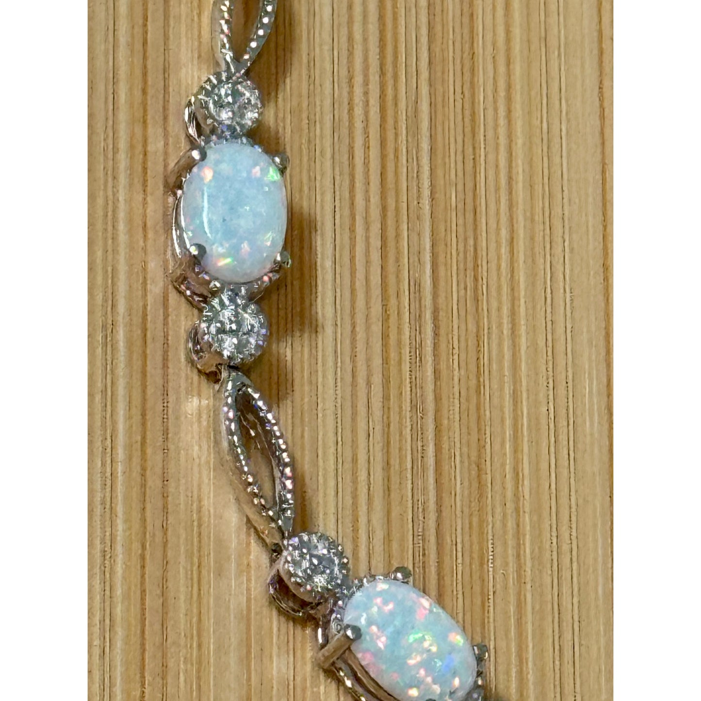 925 Sterling Silver Opal Cabachon Moissanite Bracelet 7.5” White Fire Opal 6g