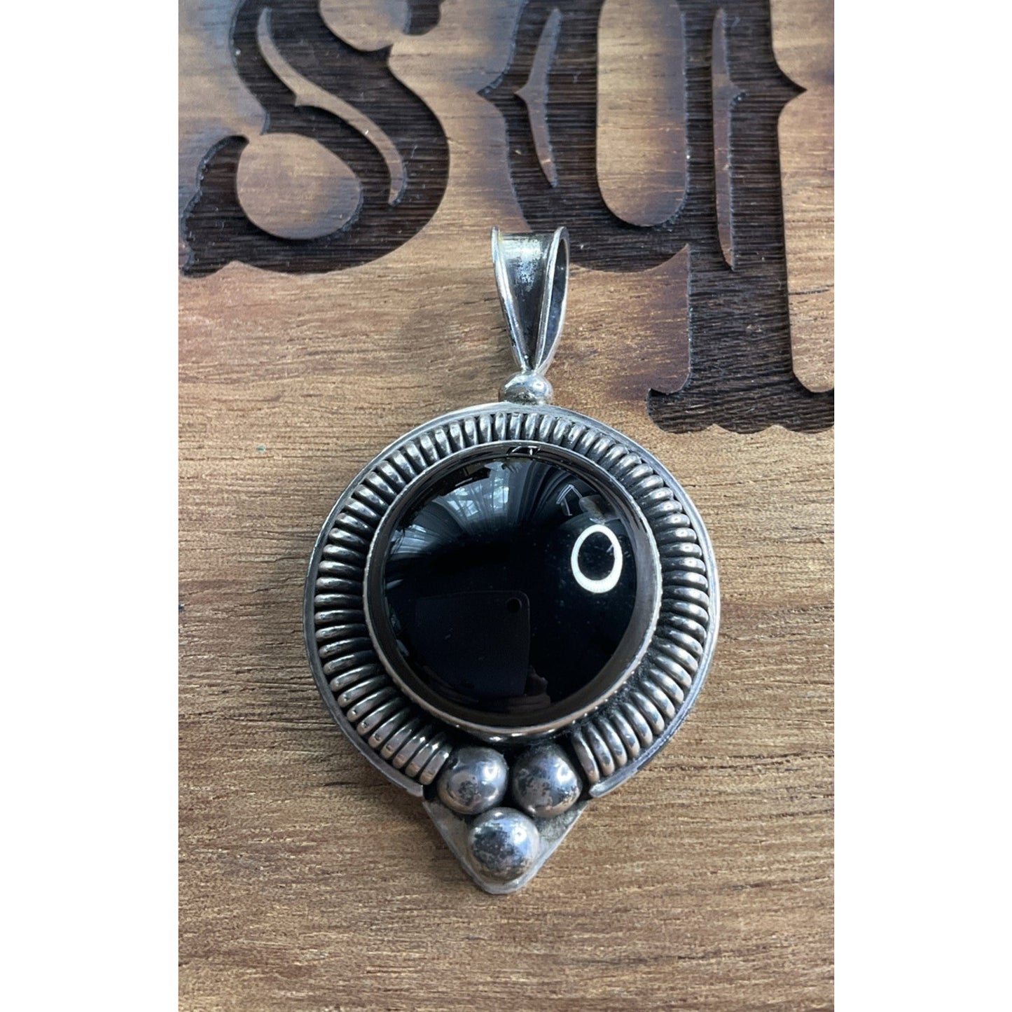 BA 925 Sterling Silver Black Onyx Pendant Large Statement Round Cabochon Vintage
