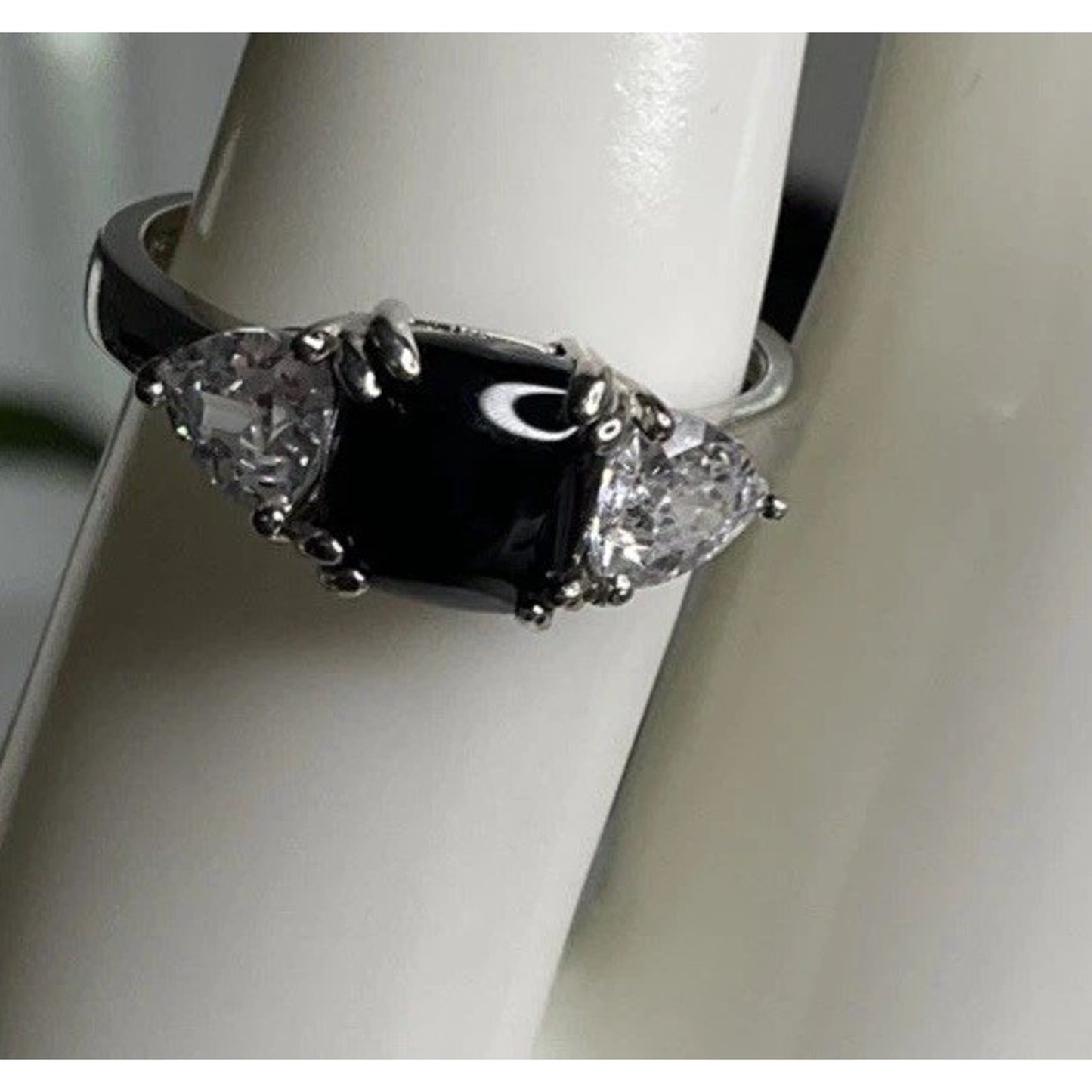 Sterling Silver Black Onyx & 3 Stone Ring Emerald Cut Trillion Accent Size 7.5