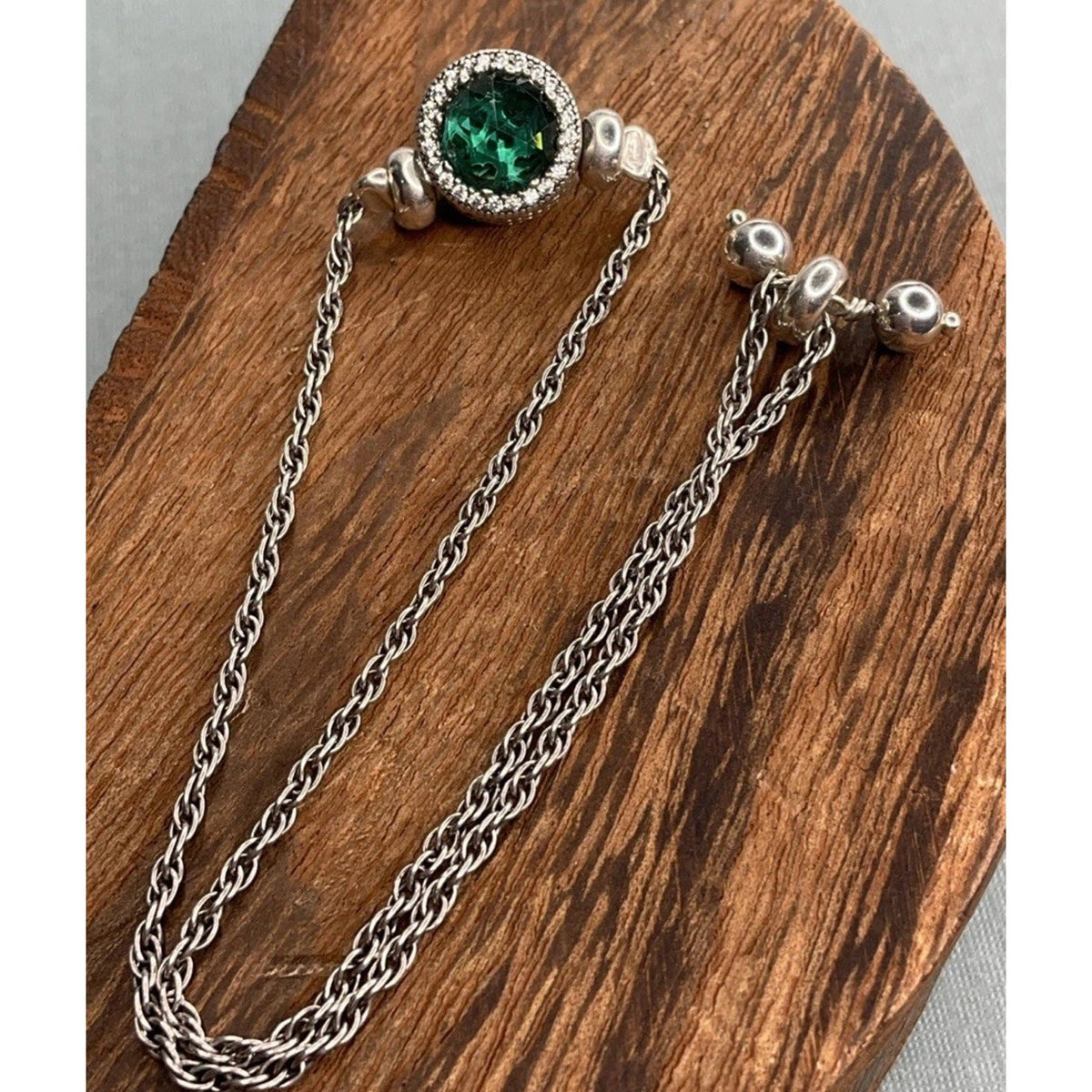 PANDORA ALE Sterling Silver Green Crystal Halo Slider Bracelet 6g