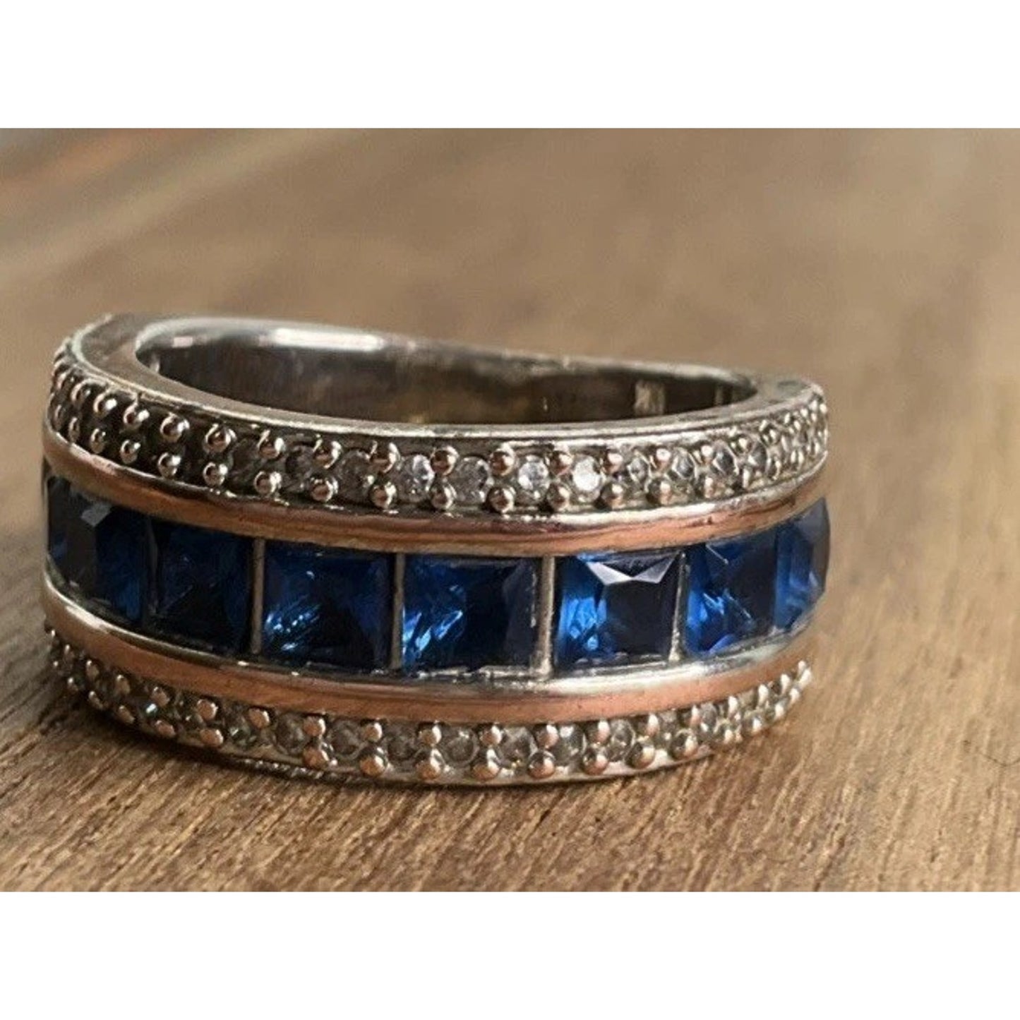 Sterling Silver Blue Stone Ring 925 Two Tone Band Size 6