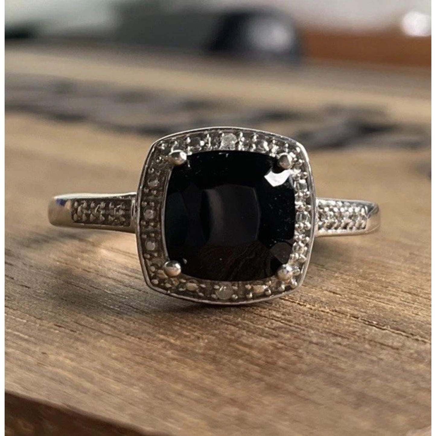 Sterling Silver Black Onyx Halo Ring Size 7.5 Cushion Cut Statement Ring 925
