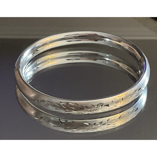 Vintage Sterling Silver Hinged Bangle Bracelet Floral Etched 925 12g