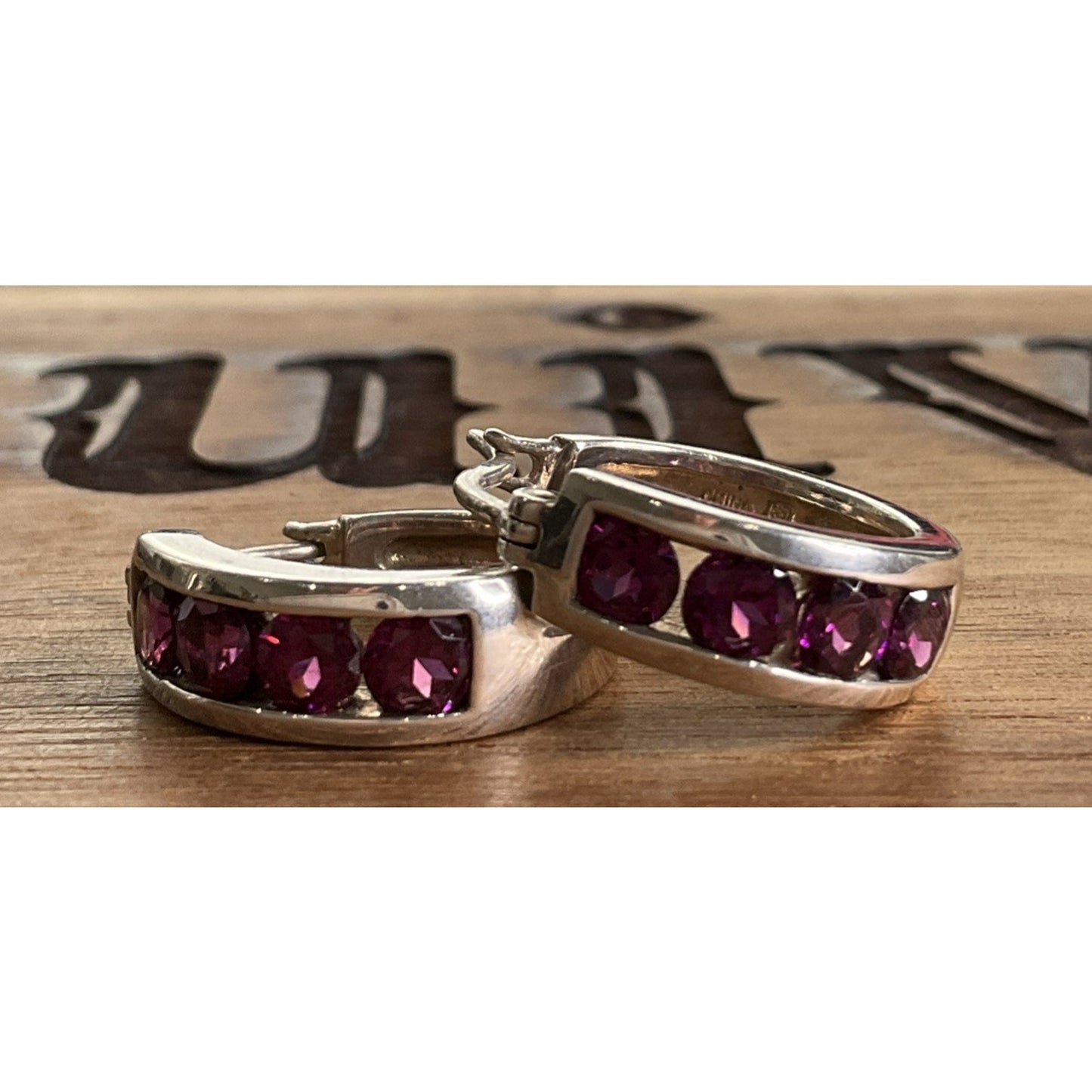 Vintage Sterling Silver Amethyst Purple gemstone Hoop Huggie Earrings