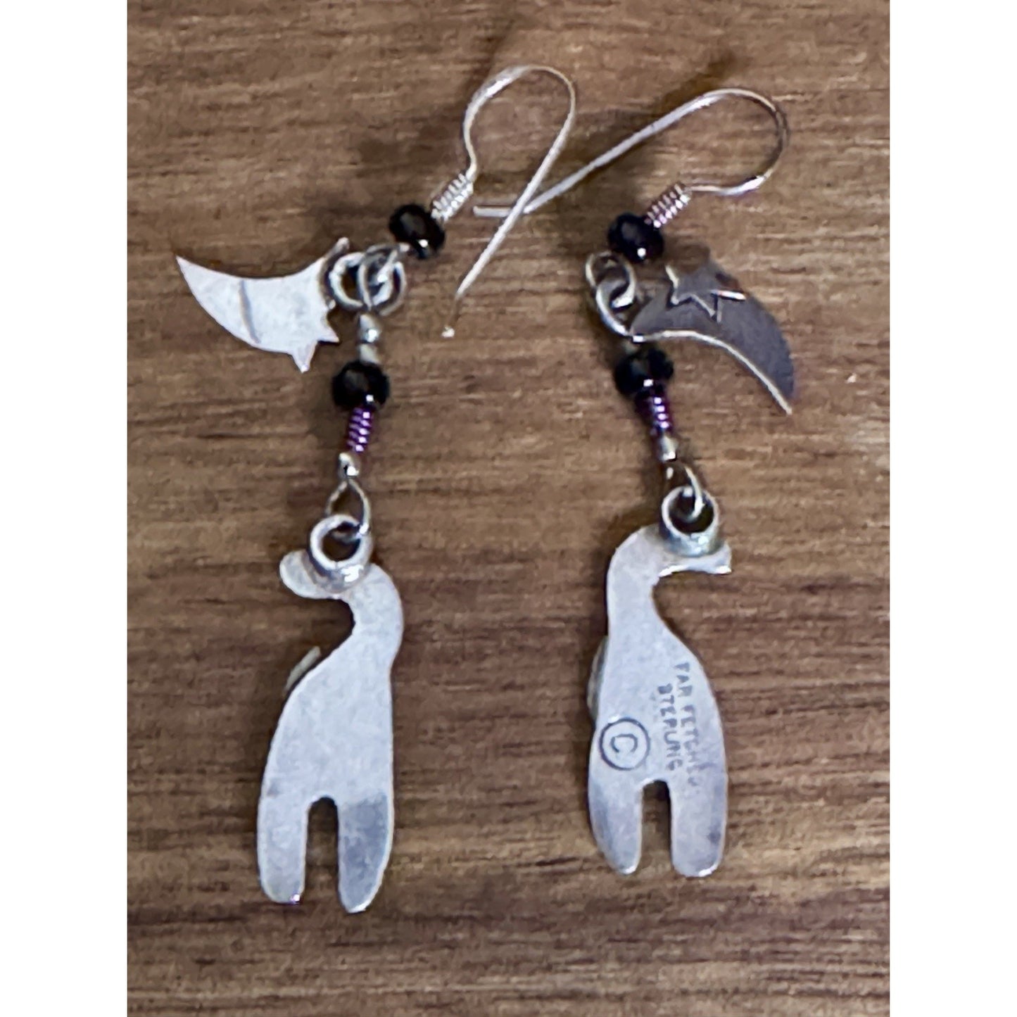 Vintage Far Fetched Sterling Silver Cat Moon Dangle Earrings Black Onyx Artisan