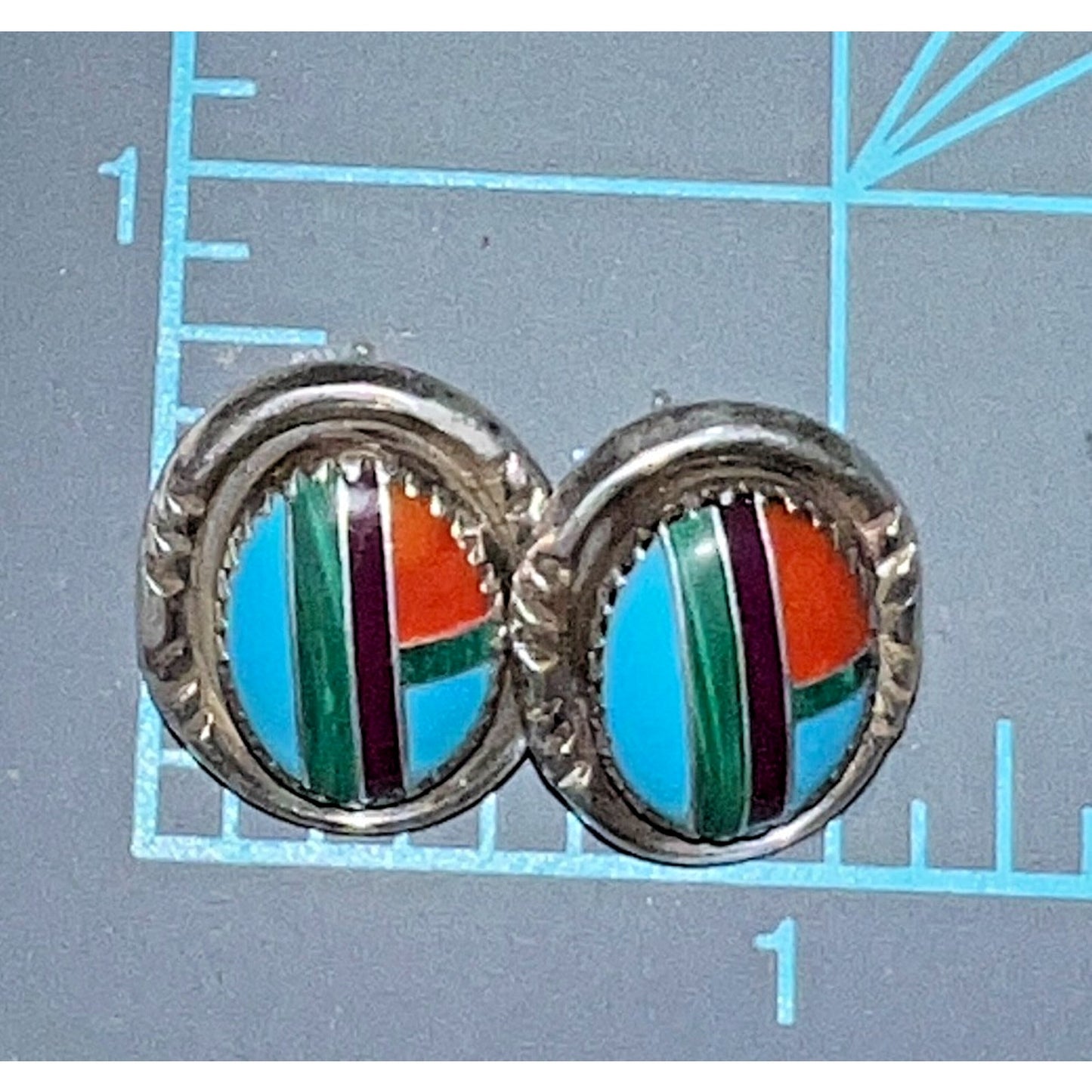 Native American Sterling Silver Inlay Turquoise Earrings RB Richard Begay