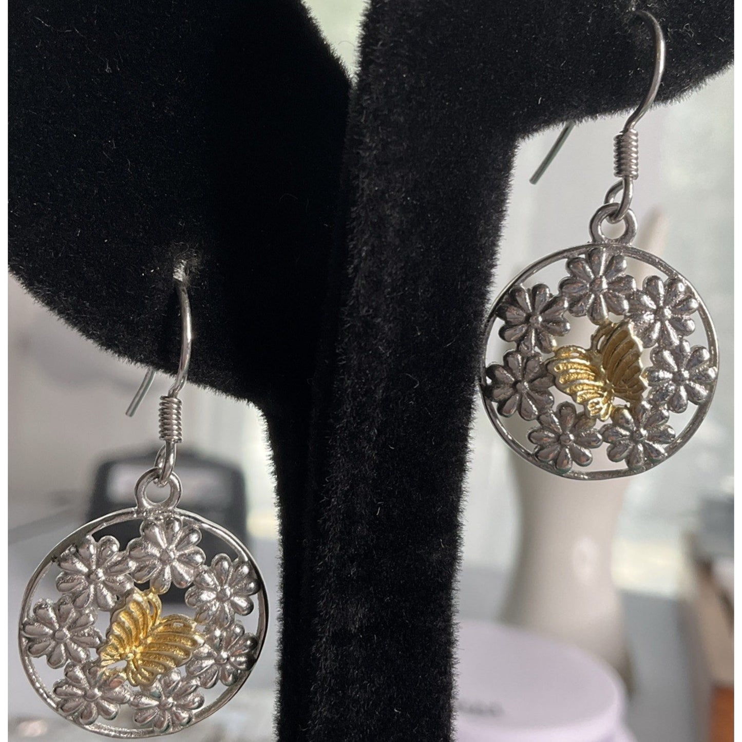 Vintage Sterling Silver Two Tone Butterfly Flower 1.5” Dangle Drop Boho Earrings