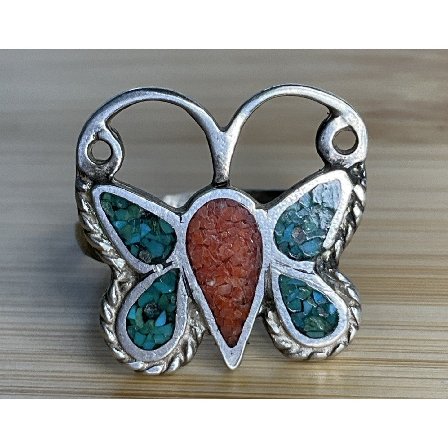 Vintage Sterling Silver Crushed Turquoise Native American Butterfly Ring Sz 5.5