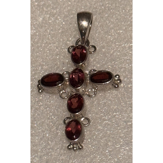 Vintage Sterling Silver Garnet Stone 2 3/4” Cross Pendant January Birthstone