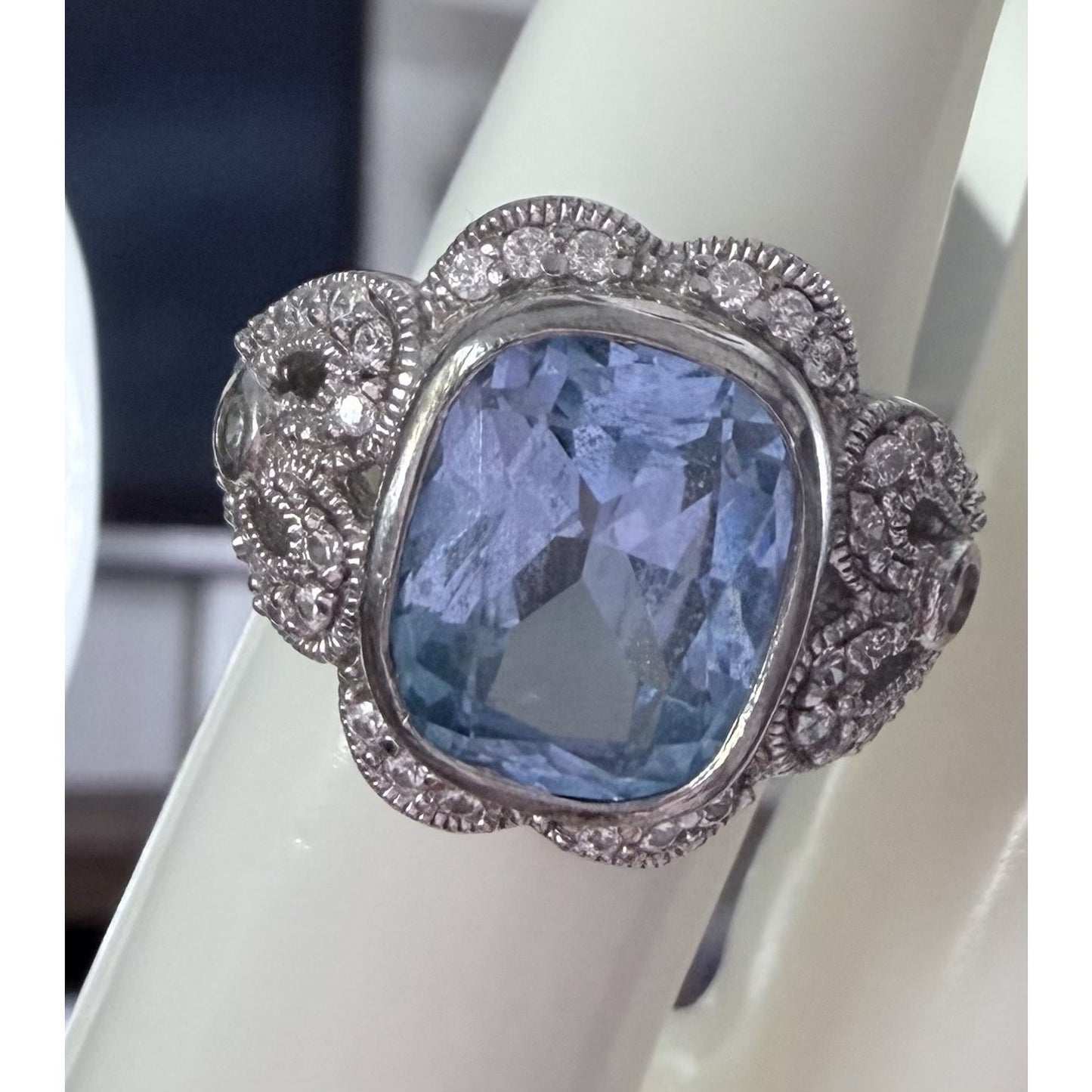 Vintage ESPO 925 Sterling Silver Blue Cushion Gemstone CZ Cocktail Ring Size 7.5