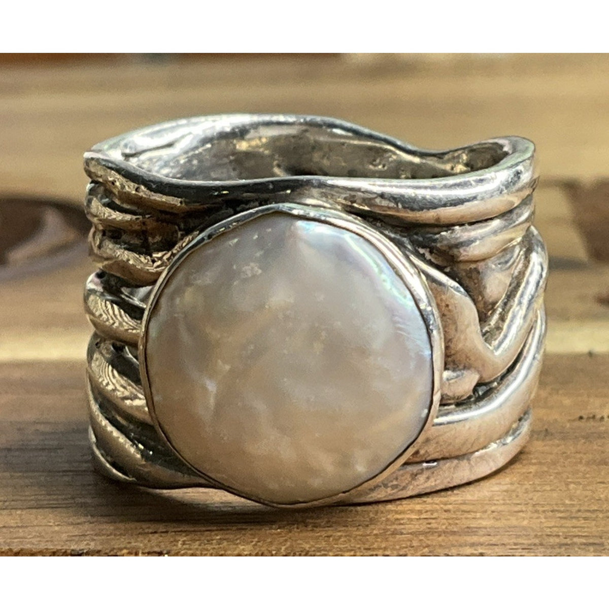 Retired Silpada Mermaid White Coin Pearl Sterling Silver Woven Band Ring Size 7