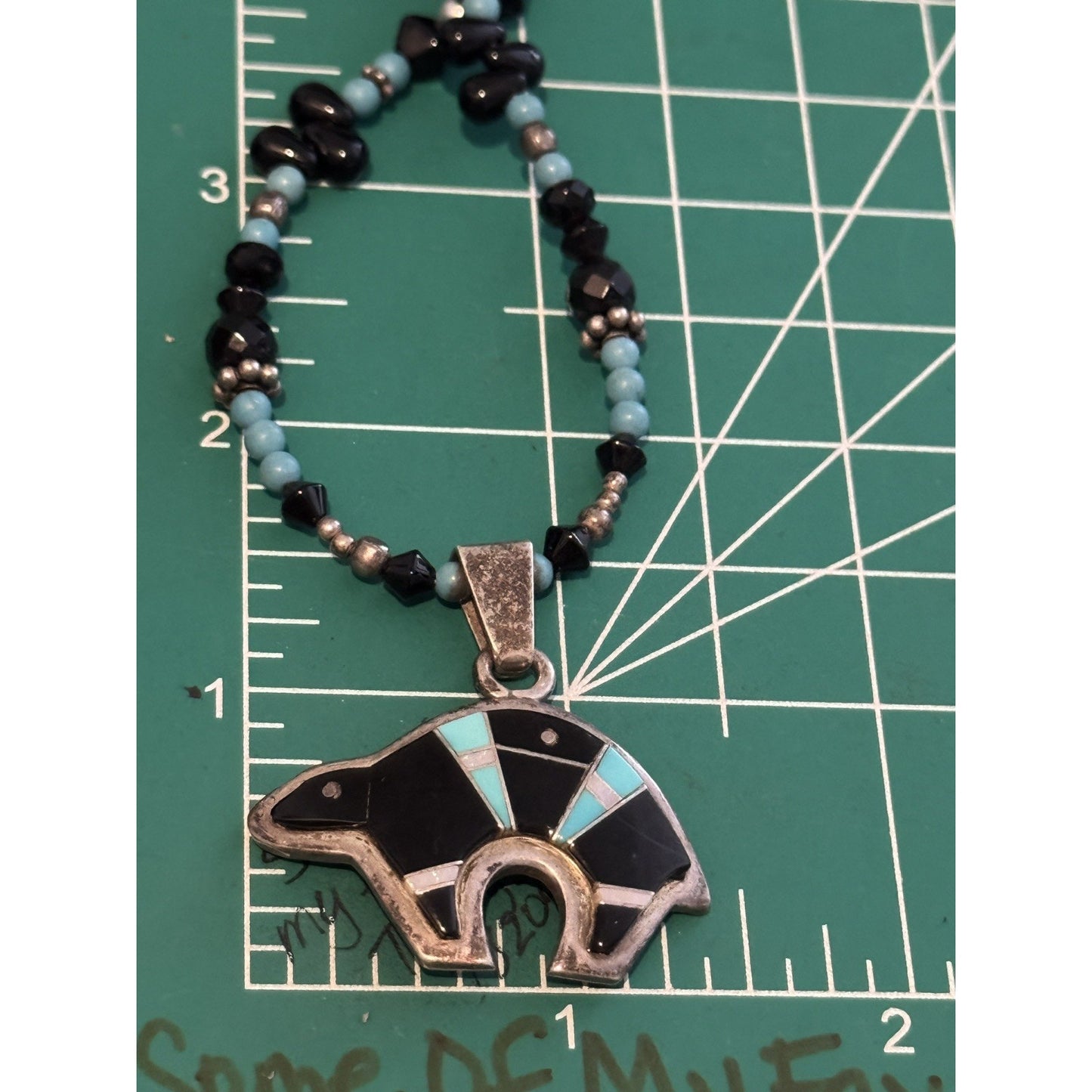 Vintage Sterling 925 Zuni Bear Inlay Pendant & Necklace E. Haloo Turquoise Onyx