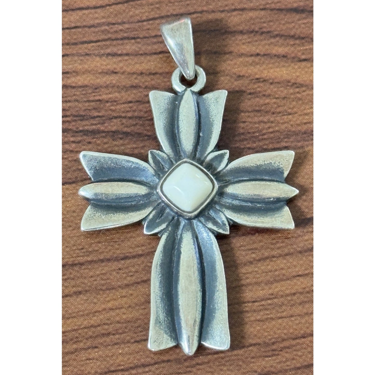 Pre Owned Retired James Avery Floral Cross Pendant With White Cabochon Sterling Silver 2”