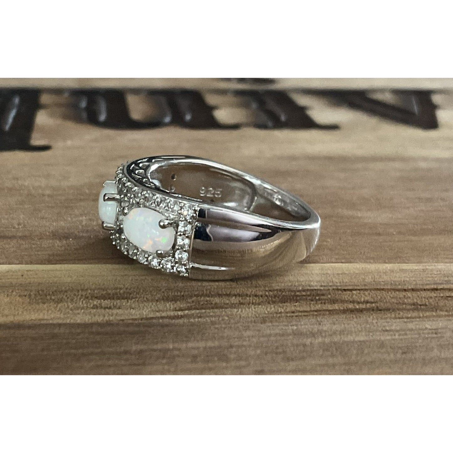 Signed SUN 925 Sterling Silver 3 Stone Oval Opal Ring Pave Size 6.5 Wide Band